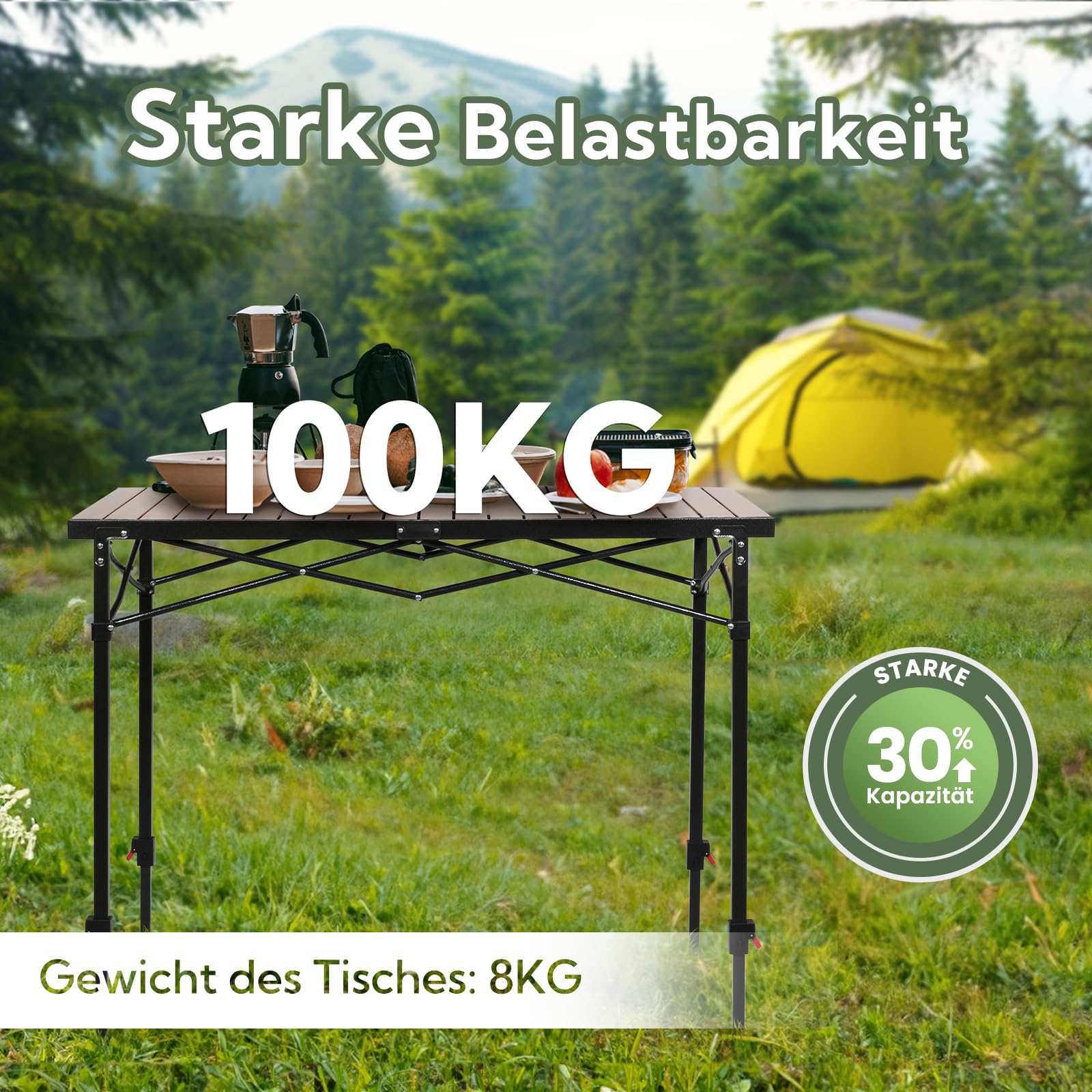 Campingtisch klappbar höhenverstellbar bis 100 kg, 120x70 cm für 6 Personen | 3-fach einstellbare Höhe Stabil Klapptisch Camping Alu Roll Up Camping Tisch für Camping, Garten, Balkon, Picknick, Holzoptik