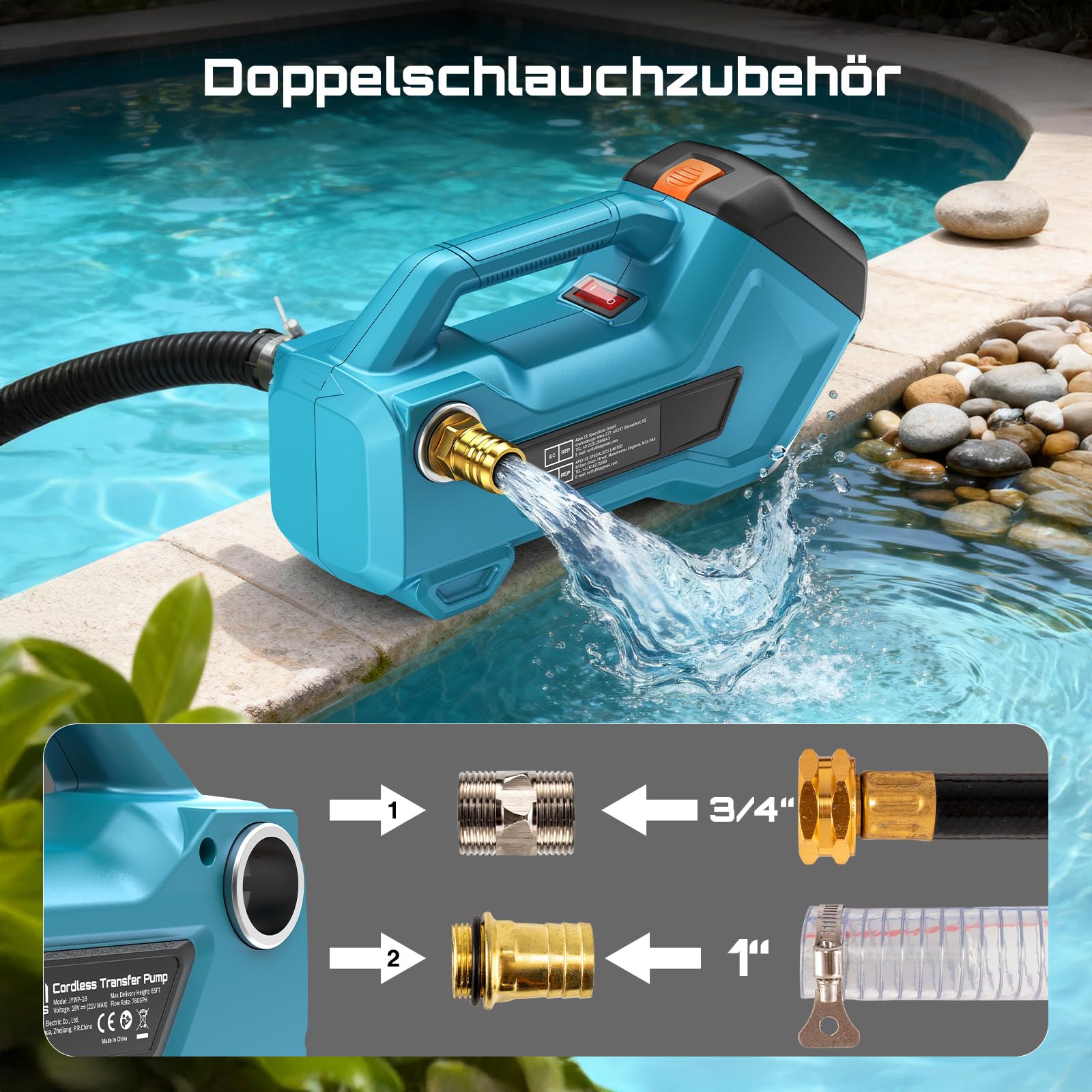 Seesii Pompa di trasferimento senza fili per acqua/diesel, 2880 l/h, autoadescante, batteria 2 × 4000 mAh, pompa elettrica portatile per camper, giardino, vasca idromassaggio, piscina, stagni, acquari