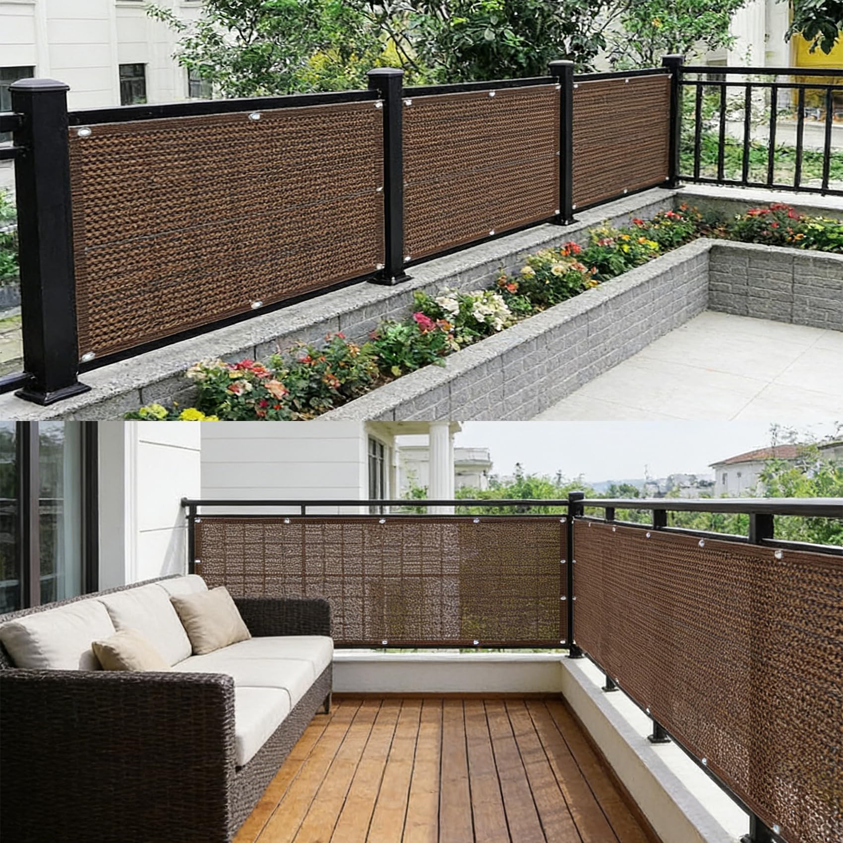 Osłona Balkonowa 1.55 x 4.5 m Przezroczysty, Lekki, Wiatroszczelny I UV Ochrona, Ekrany Ochronne Prywatności, Osłona Balkonowa Z Oczkami I Linką Do Balkon Taras, brązowy