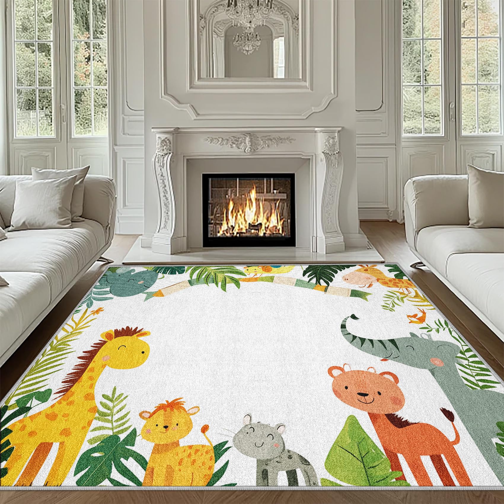 Cartoon Kids Door Mat 2x3 Jungle Safari Zoo Throw Rug for Entryway, Animal Prints Washable Area Rug for Bedroom Living Room, Indoor Non Slip Floor Mats