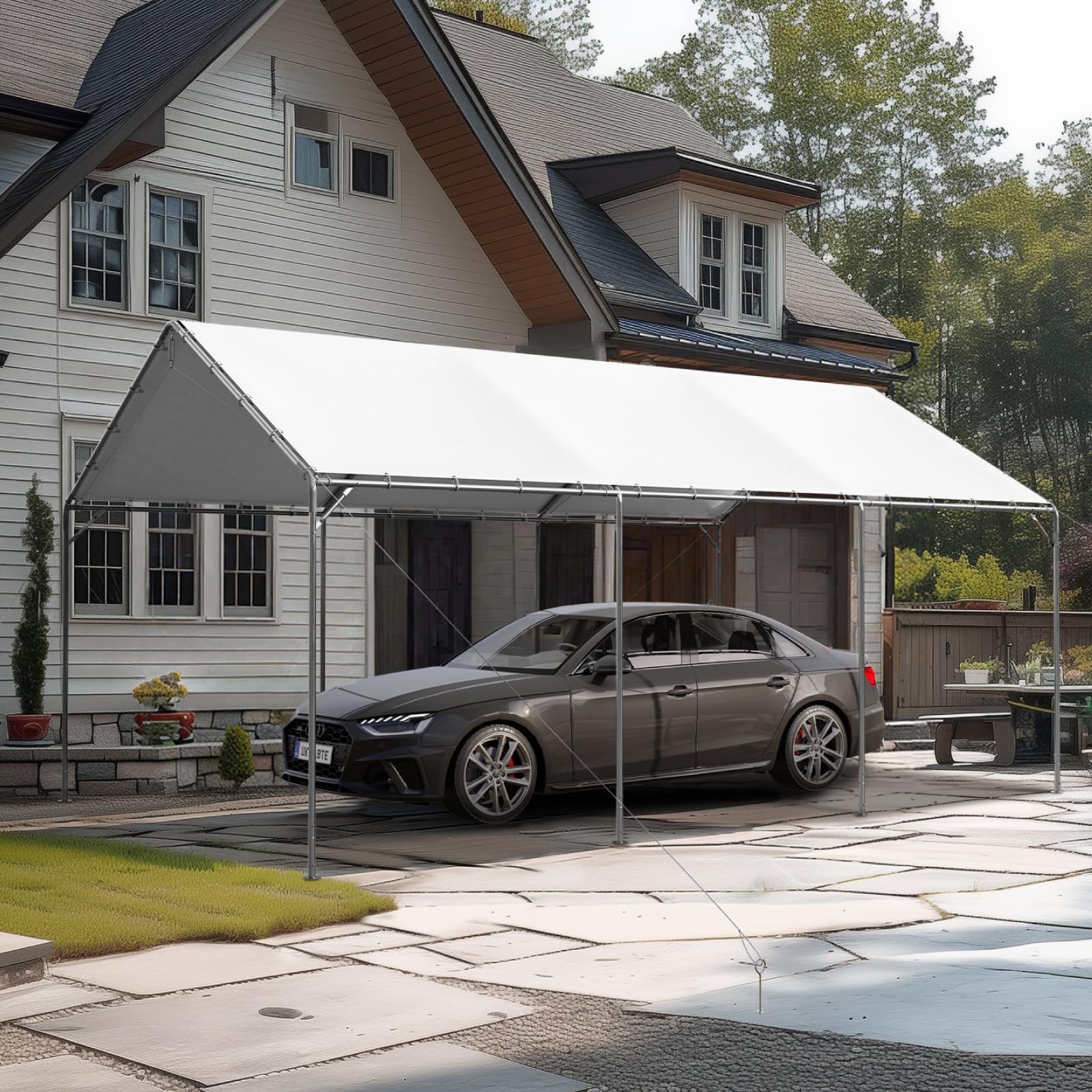 GREEN PARTY Carport, 12’ X 20’ Heavy Duty Car Canopy with Powder-Coated Steel Frame, Portable Car Canopy Party Tent Garage Boat Shelter, Adjustable Peak Height, 8 Legs, White