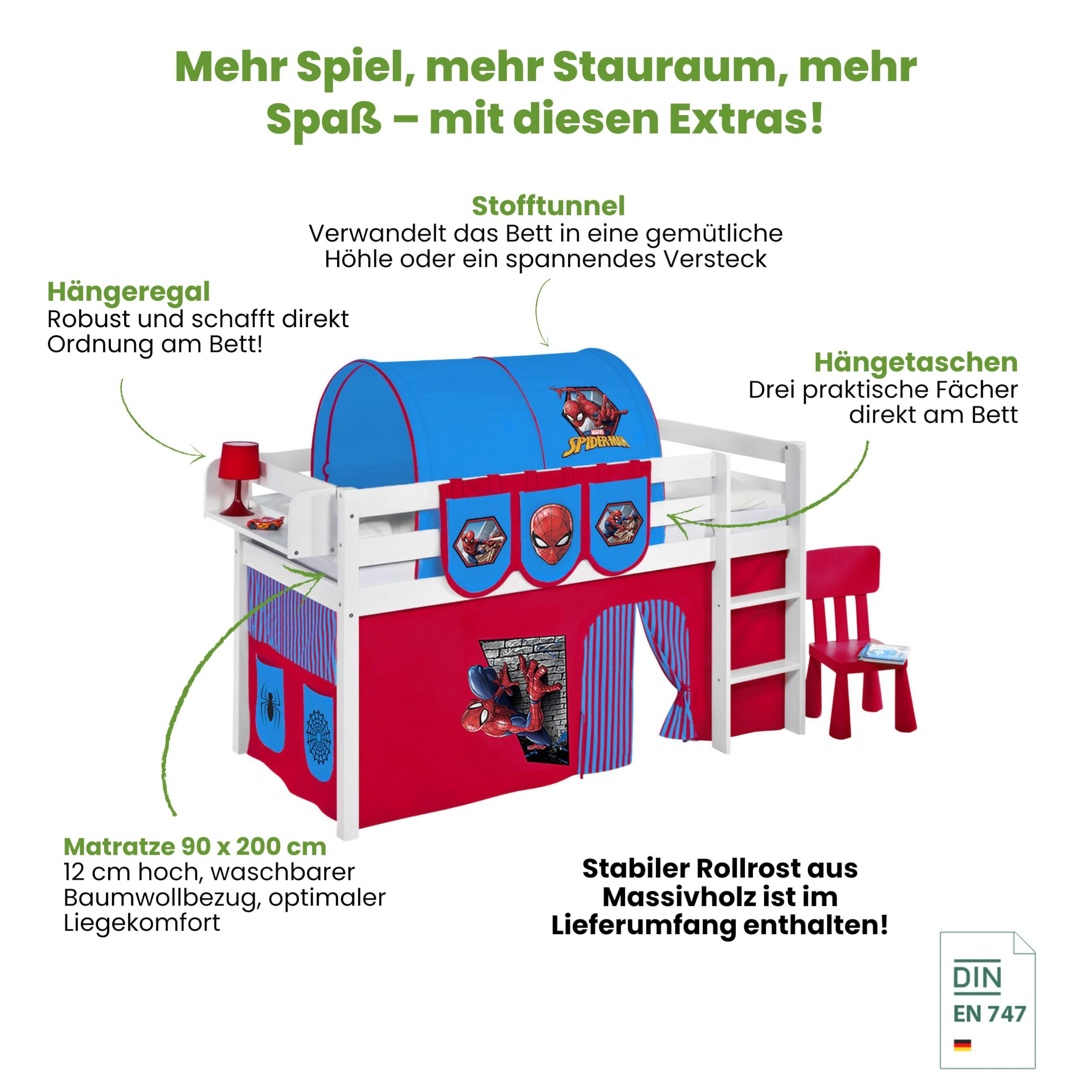 Hochbett JELLE 90×200 cm | 90x190 cm – Kinderbett & Spielbett aus Massivholz (Kiefer) inkl. Lattenrost – Verschiedene Markenmotive (Spiderman, 90 x 200 cm)