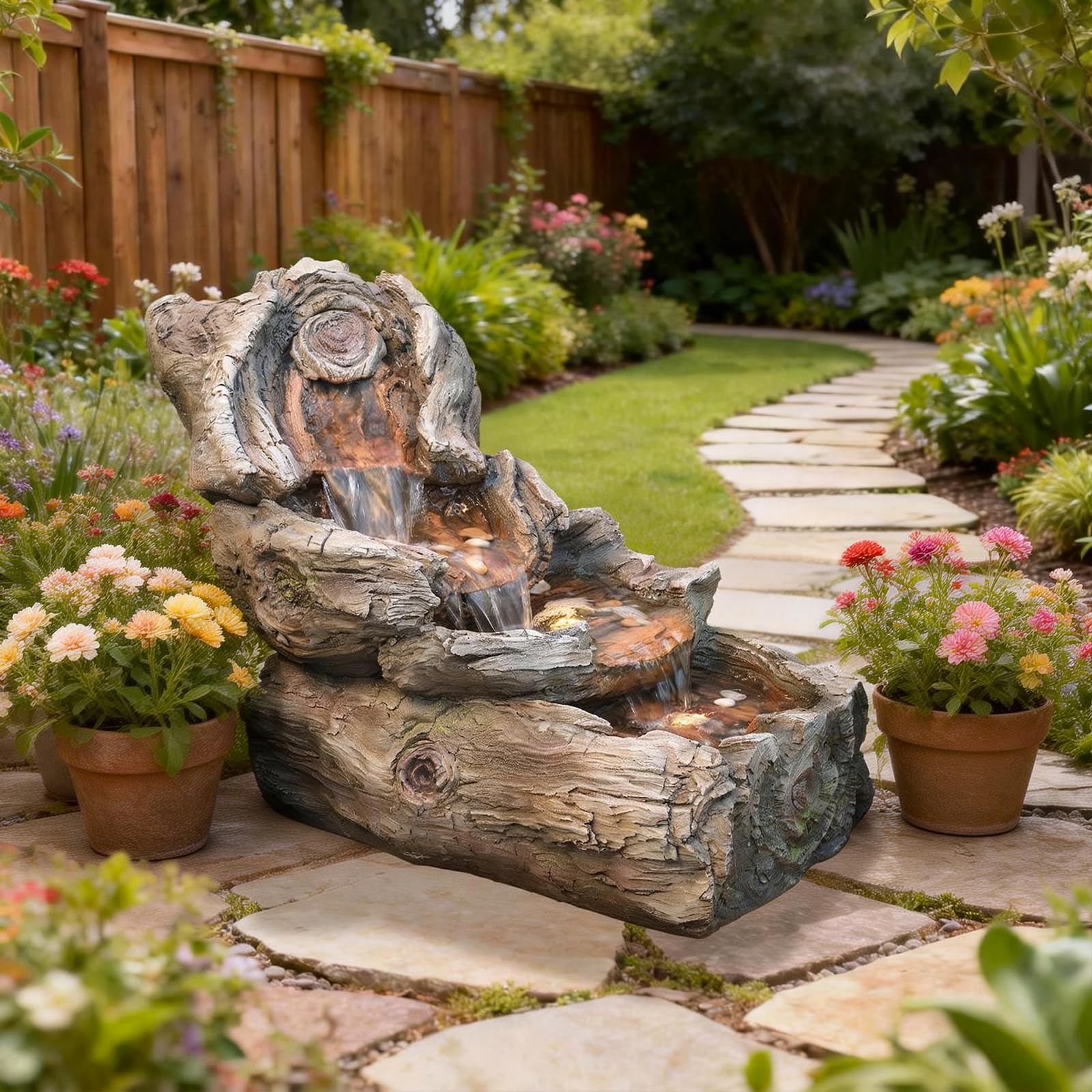 Sunlinua 31.5" L Realistic Tree Trunk Outdoor Water Fountain with 3 Tiers