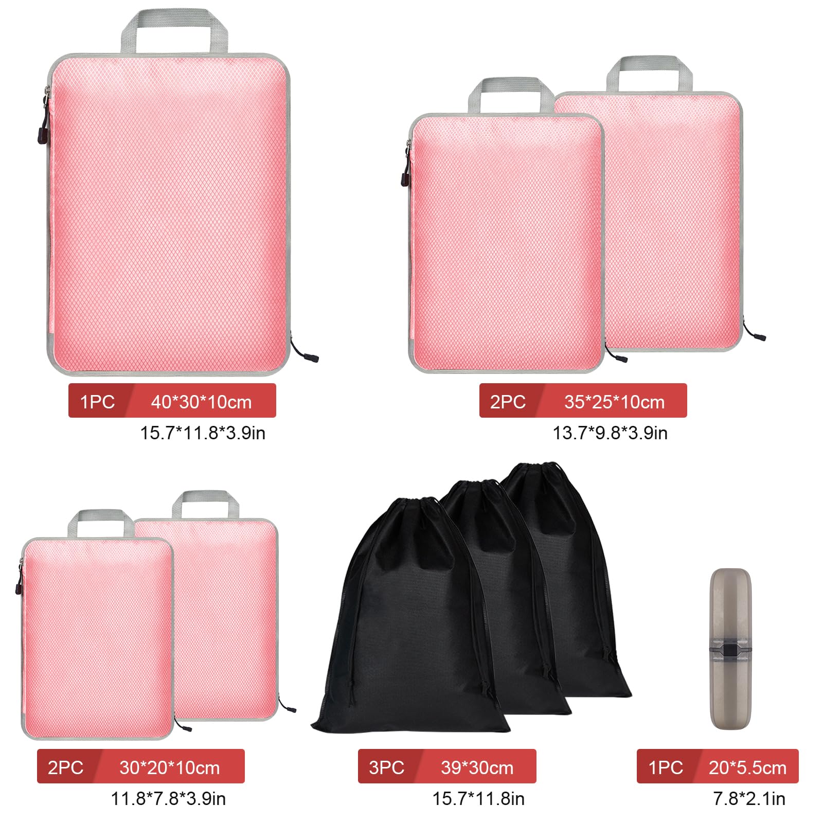 Eucomir Organizer Valigia Set di 9 Cubi da Viaggio,Sacchetti di Organizzatore Estensibile per Organizer Valigia Salvaspazio,Organizer Valigie Viaggio Set,per Viaggi o Deposito per la Casa,Rosa