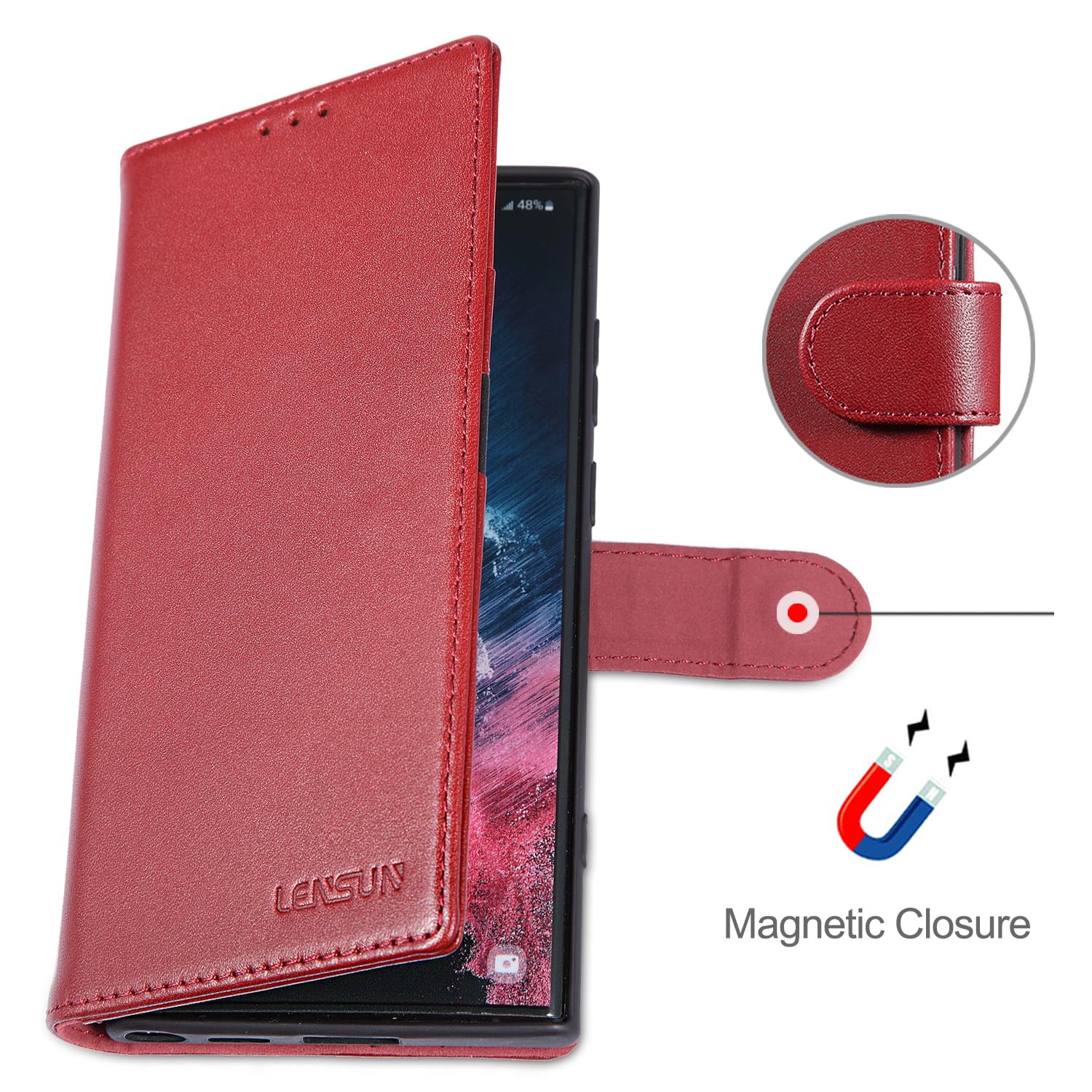 LENSUN Funda Samsung Galaxy S22 Ultra 5G, Carcasa Cuero Genuino [Bloqueo RFID] Tapa Cierre Magnetico y Ranuras para Tarjetas Cartera Libro Protección para Samsung S22 Ultra 5G-Rojo Vino