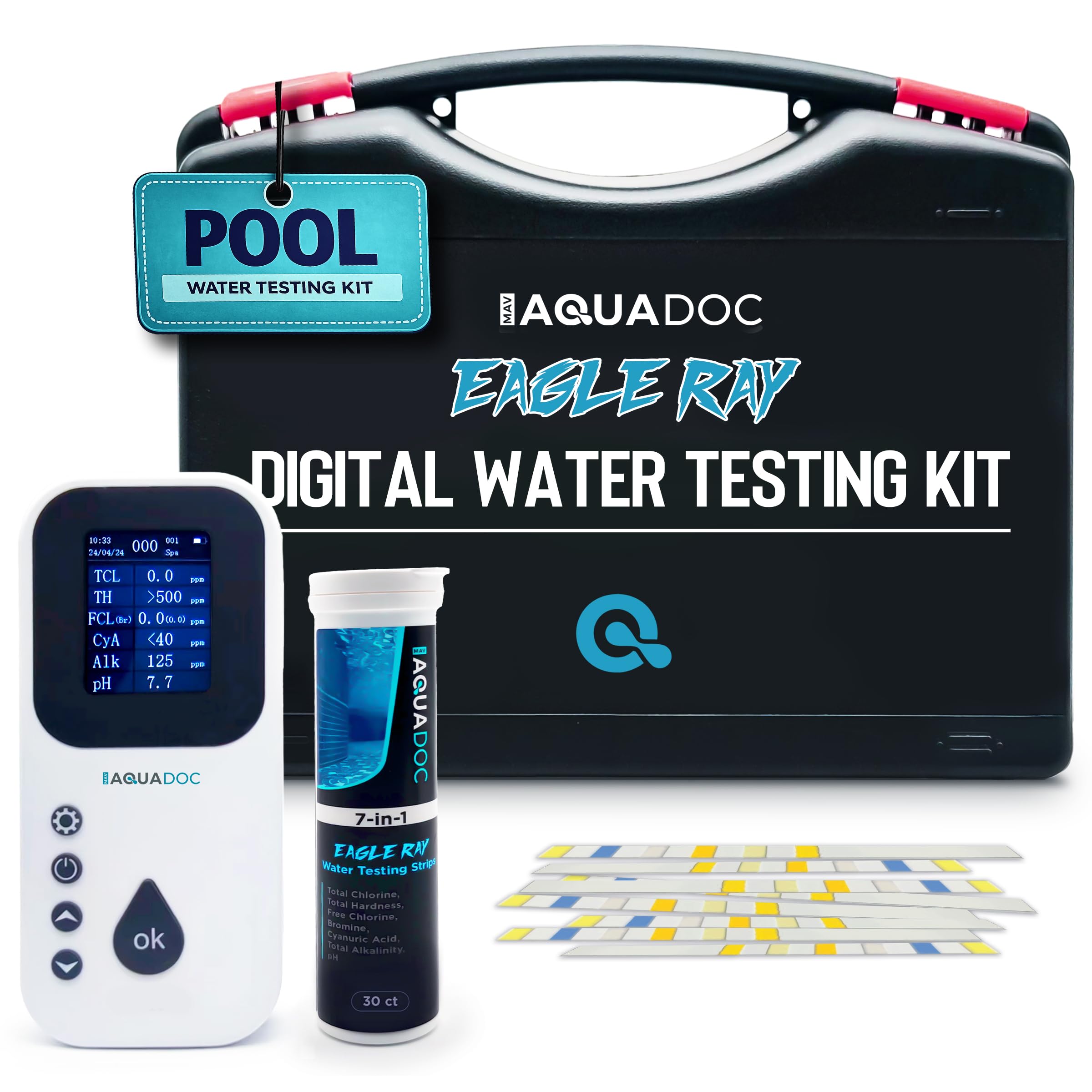 Eagle Ray Digital Pool Water Test Kit by AquaDoc with Digital Water Tester and 30 Pool Test Strips for Chlorine, Bromine, Total Hardness, Cyanuric Acid, Alkalinity, and pH