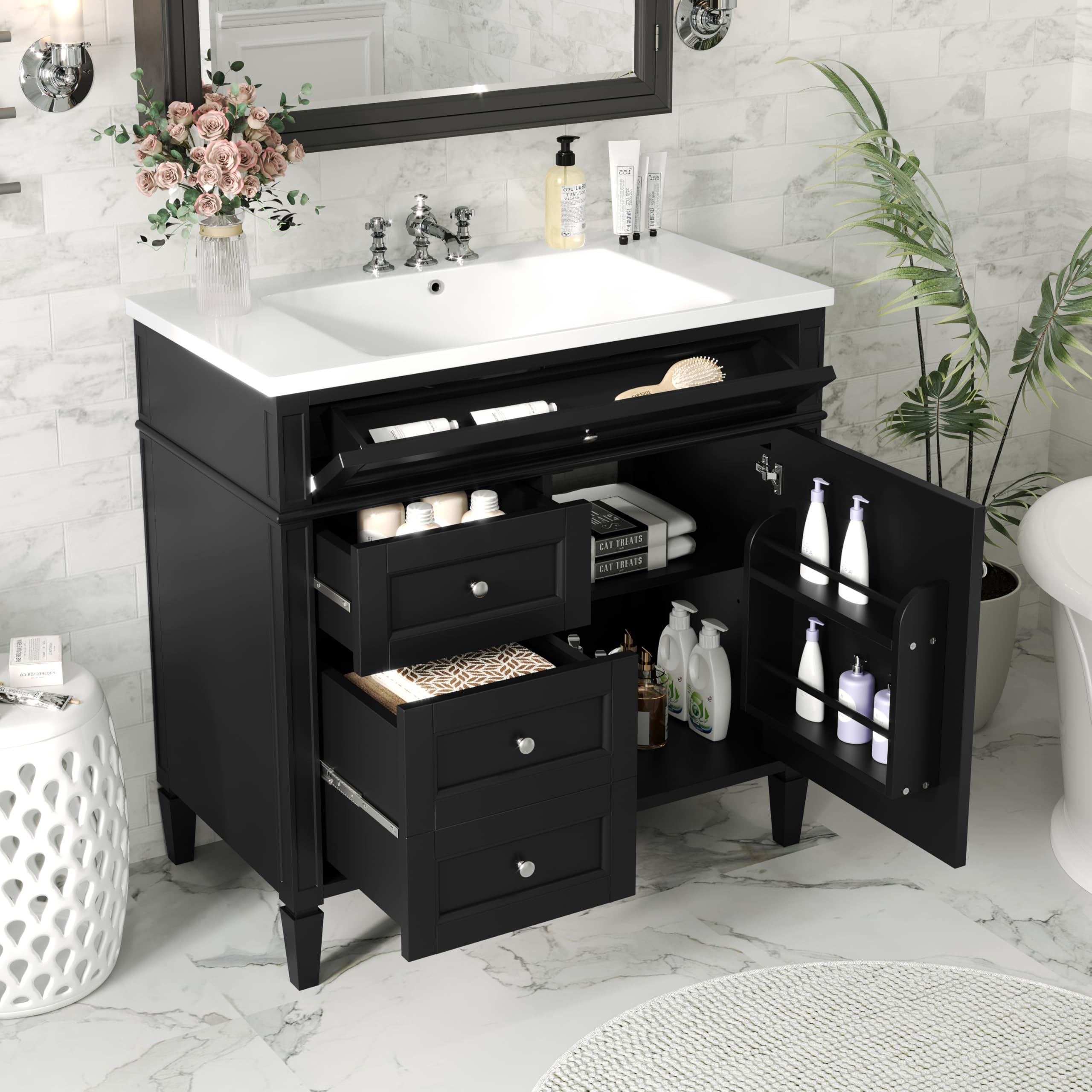 Linique 36" Bathroom Vanity with Sink Combo Set, Solid Wood Frame Modern Bathroom Storage Cabinet with 2 Drawers and a Tip-Out Drawer, Soft Closing Cabinet Door with Organizer, Black