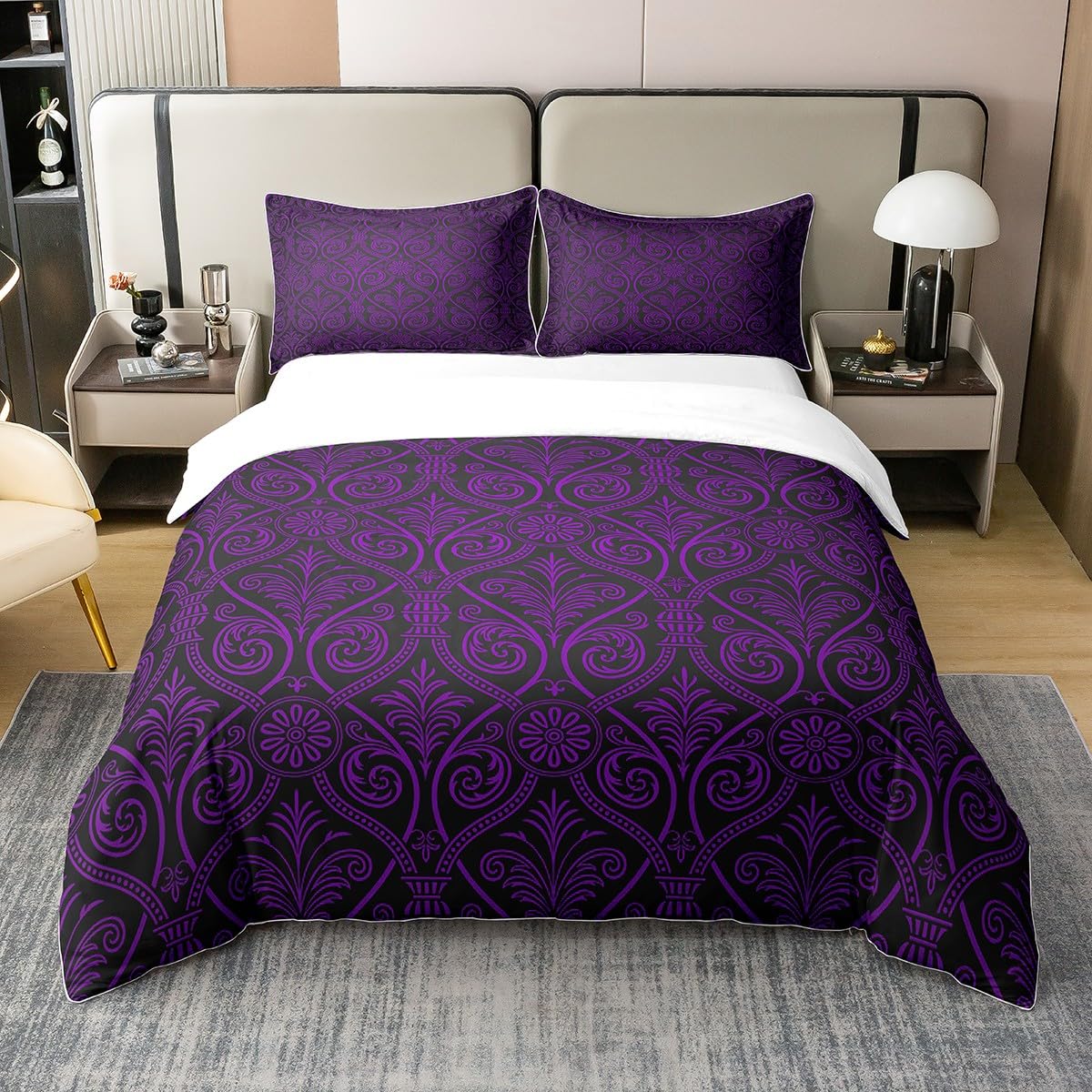 100 Percent Cotton Purple Black Ombre Floral Bedding Set for Girls Women Single,Gothic Baroque Damask Comforter Cover Bohemian Exotic Duvet Cover Vintage Victorian Style Comfy Quilt Cover — image 1