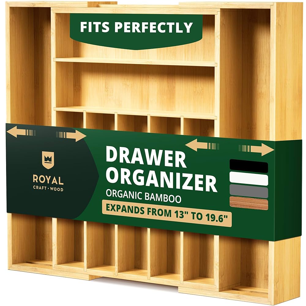ROYAL CRAFT WOOD Luxury Bamboo Kitchen Drawer Organizer - Silverware Organizer, Utensil Holder & Cutlery Tray Drawer Dividers for Flatware (9 Slot, Natural)