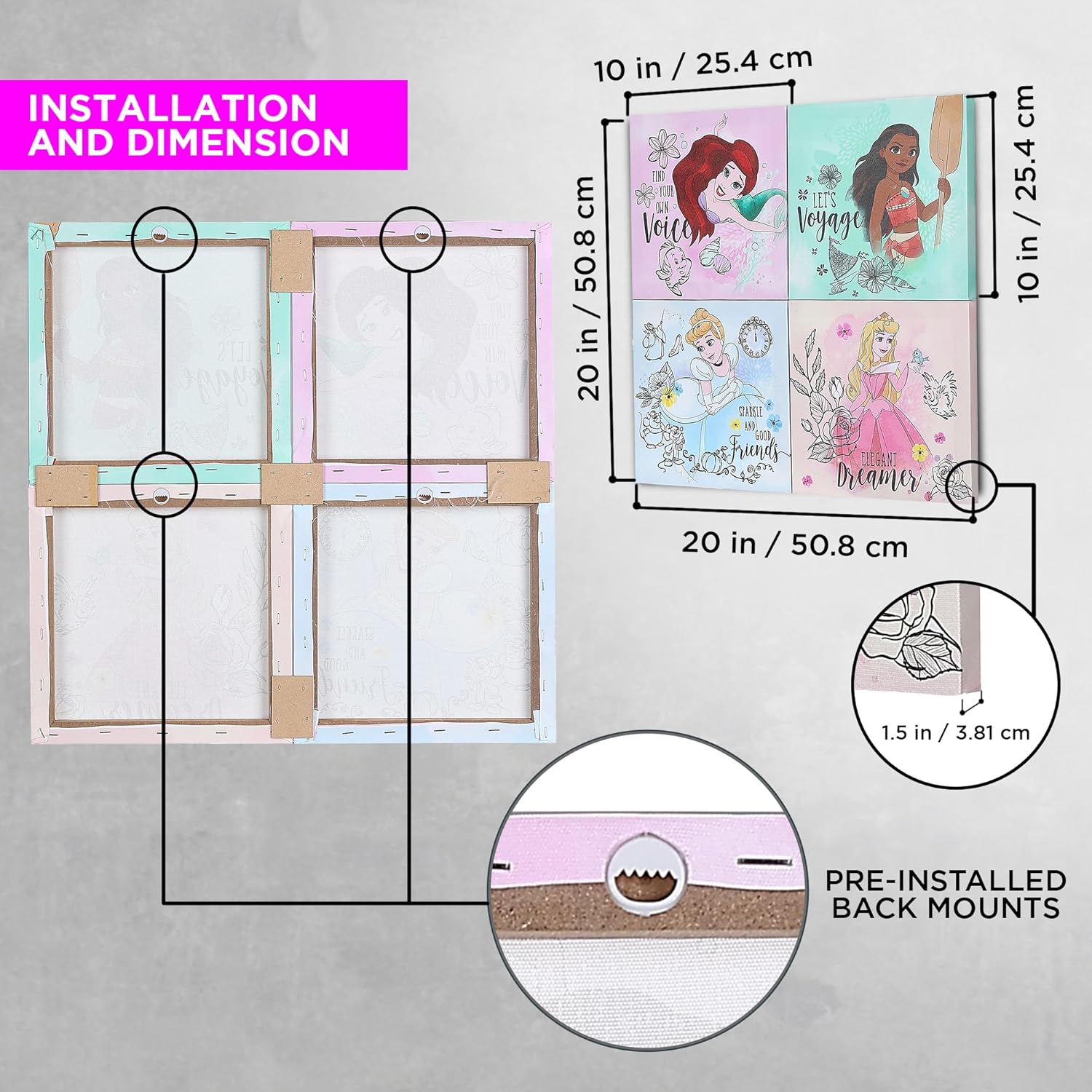 POP Creations Disney Princess Quote Large Wall Art | 4-Part Disney Inspirational Canvas Art | 20x20 Ariel - The Little Mermaid & Cinderella Stretched Canvas Wall Art