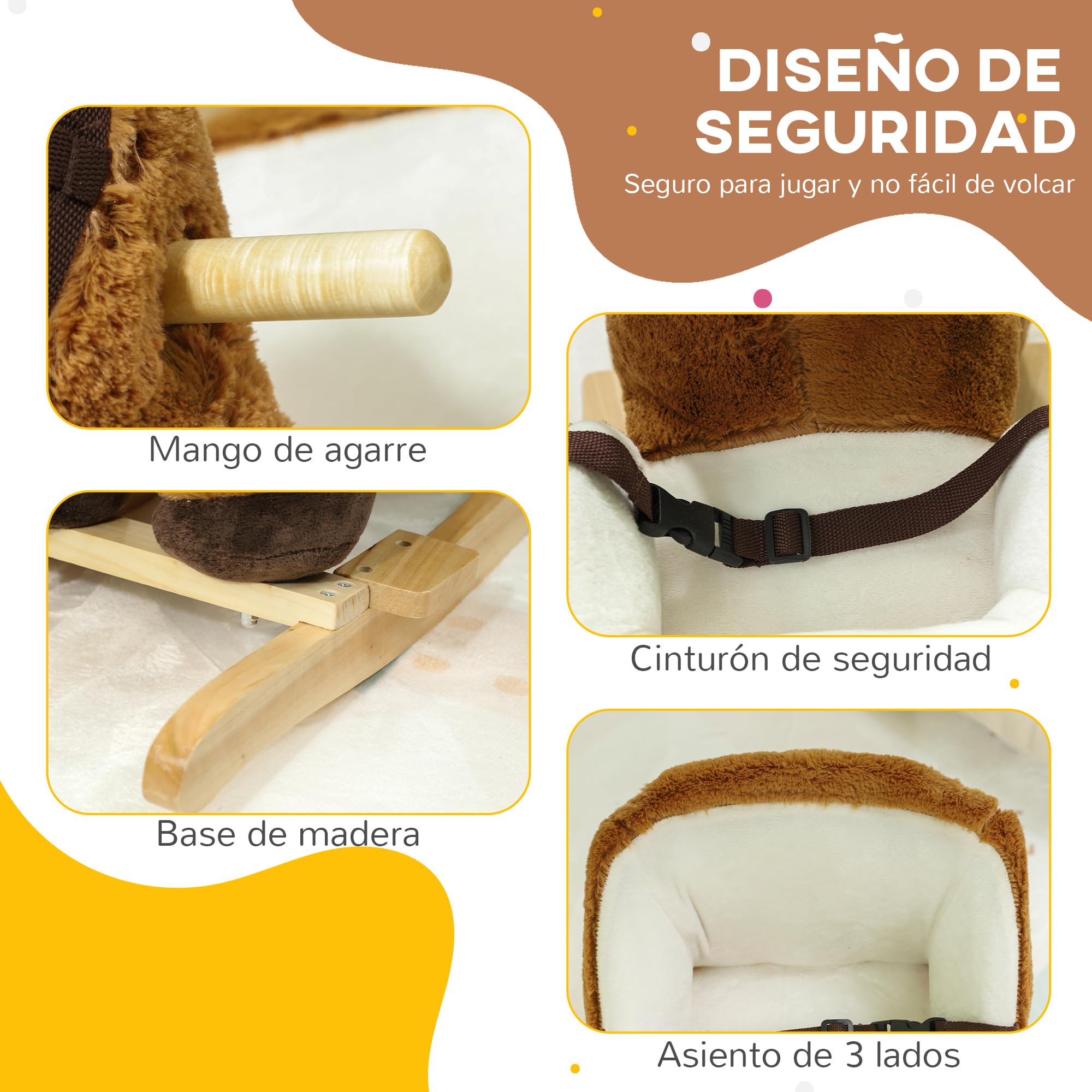 AIYAPLAY Caballo Balancín para Niños de 18-36 Meses Caballo de Juguete con Mangos Sonido Cinturón de Seguridad y Base de Madera de Álamo Carga 25 kg 68x33x45 cm Marrón