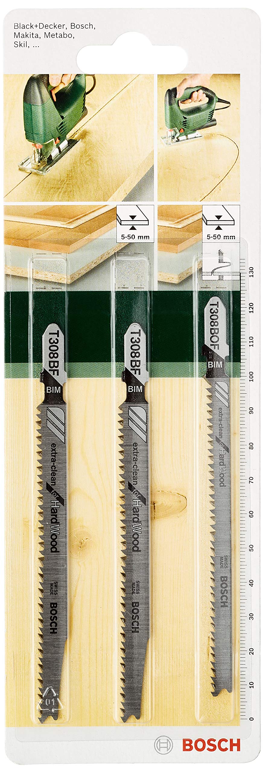 Bosch Stichsäge PST 900 PEL (Hubzahl bei Leerlauf 500 bis 3100 U/min, in Kunststoffkoffer) + 3tlg. Stichsägeblatt-Set Extra Clean for Hard Wood zum Sägen in Hartholz