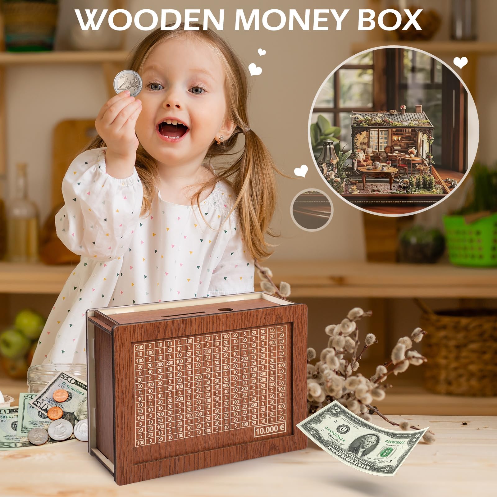 Salvadanaio In Legno Con Obiettivi Cancellabili - 10000€ Risparmio + Penna + 8 Adesivi - Per Bambini E Adulti - Foto 14