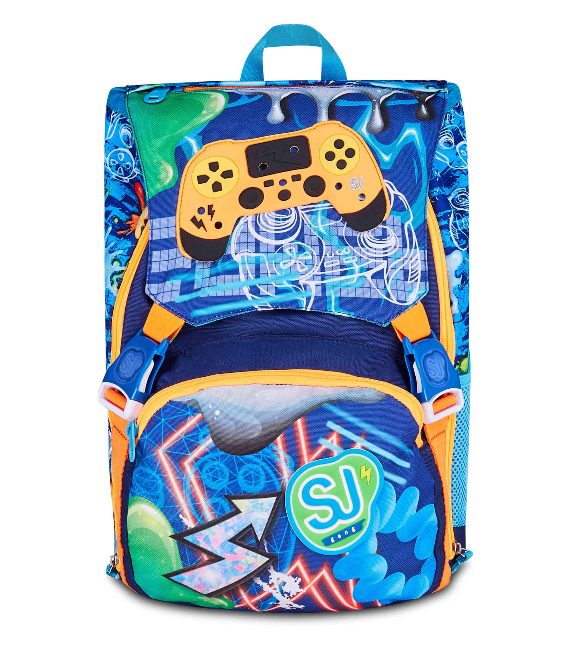 SJ GANG STYLE JAM GANG Zaino Scuola Estensibile JOYFUL PINS BOY, Blu, 24L, Zip Laterali, Inserto controller in gomma e pins amovibili, Tasca frontale, Tasca portaborraccia, Scuola elementare, Bambino