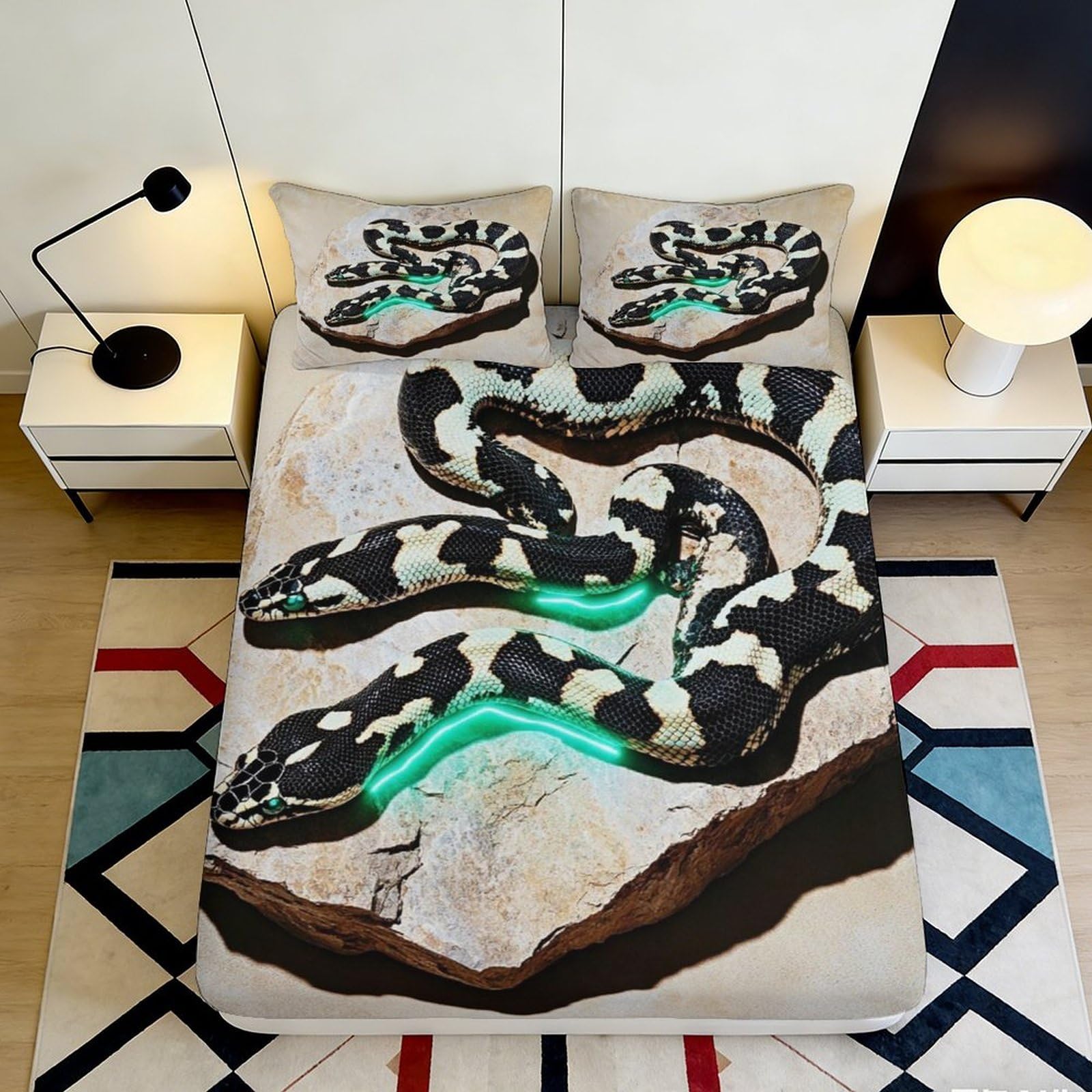 3D Printed Snake Pattern Fitted Sheet Microfiber Modern Art Reptile Bed Cover for Bedroom Dorm Mattress Decor 90x200x25cm