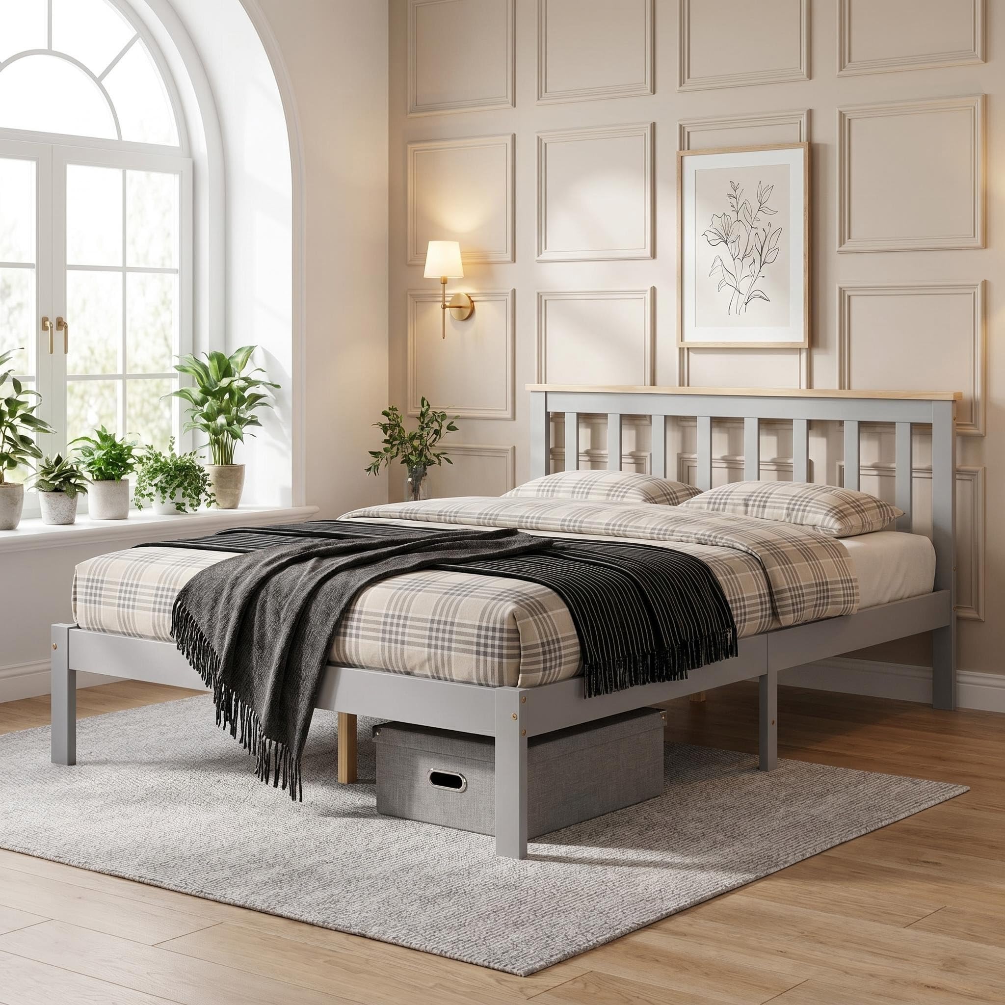 Panana Double Bed, 4ft6, Bed Frame, Solid Pine Wood, Headboard, Low Foot End, Bedroom Furniture (Grey+Natural)