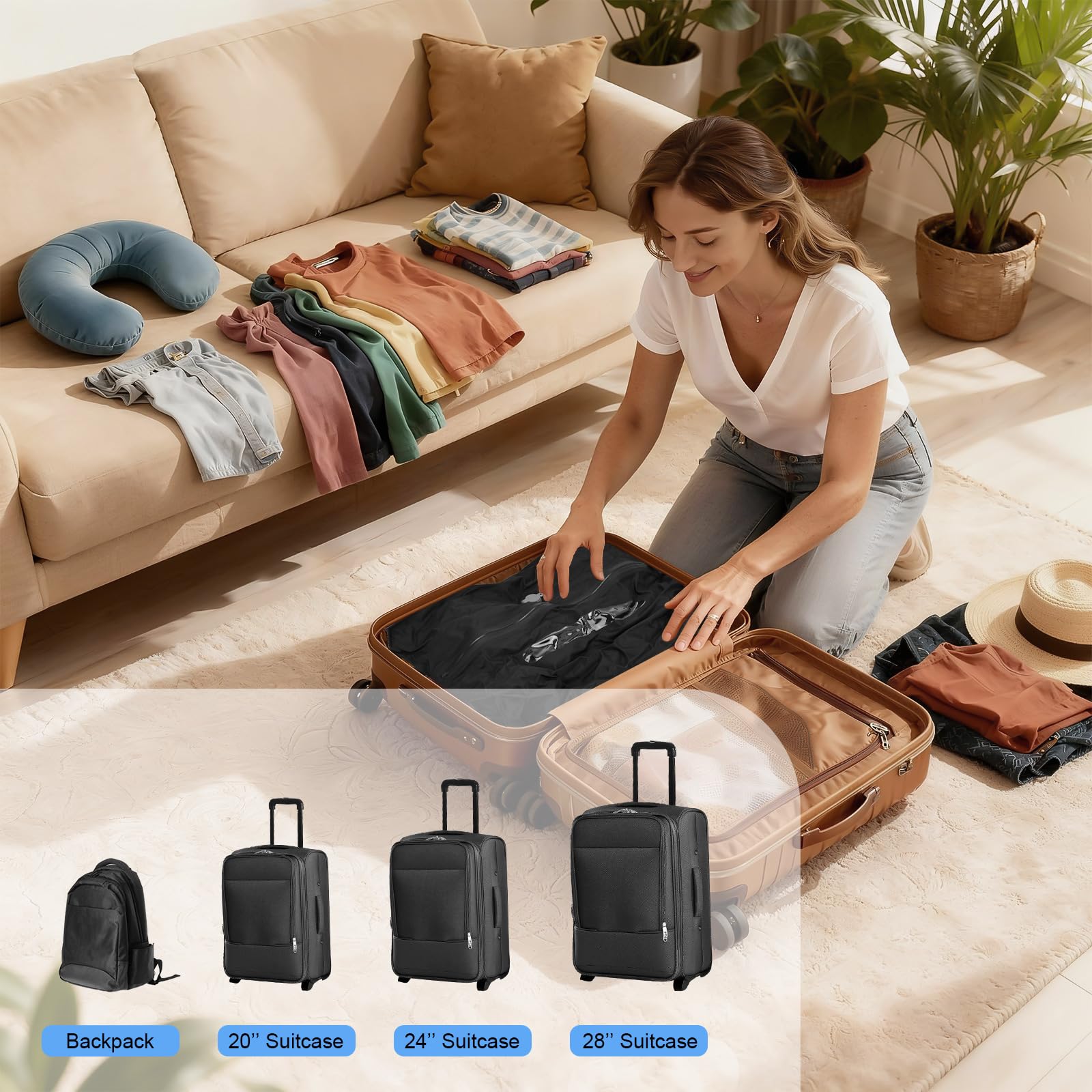 Lot de 4 sacs sous vide pour voyage avec pompe, sacs de compression réutilisables de 21 L avec fermeture éclair étanche IP68, sacs de voyage sans air pour bagages familiaux et rangement à la maison