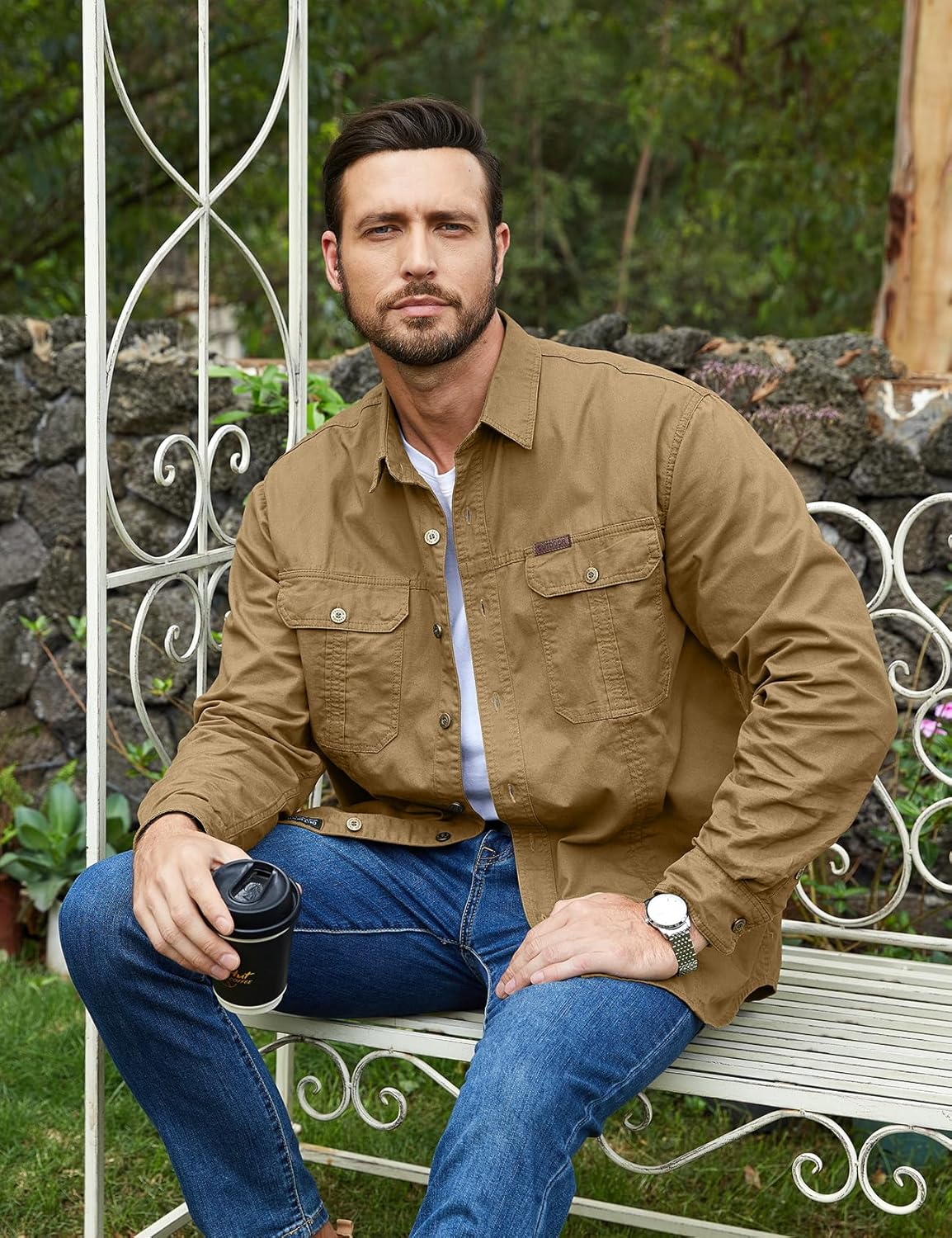 Eisctnd Men's Long Sleeve Work Shirt, Utility Cotton Button Down Cargo Shirts with Pockets for Casual Outdoor Safari - Image 5