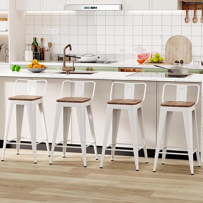 WENTMENT Bar Stools Set of 4 Counter Height Bar Stools Metal Barstools with Removable Back 26" Kitchen Bar Stools with Wooden Seat, White