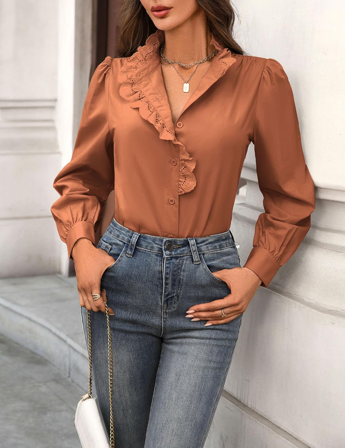 Women's Fall Button Shirts - Ruffle Neck Long Sleeve Tops Dressy Elegant Solid Retro Blouse for Work, Office, Casual, and Formal Wear Brown Large - Image 5