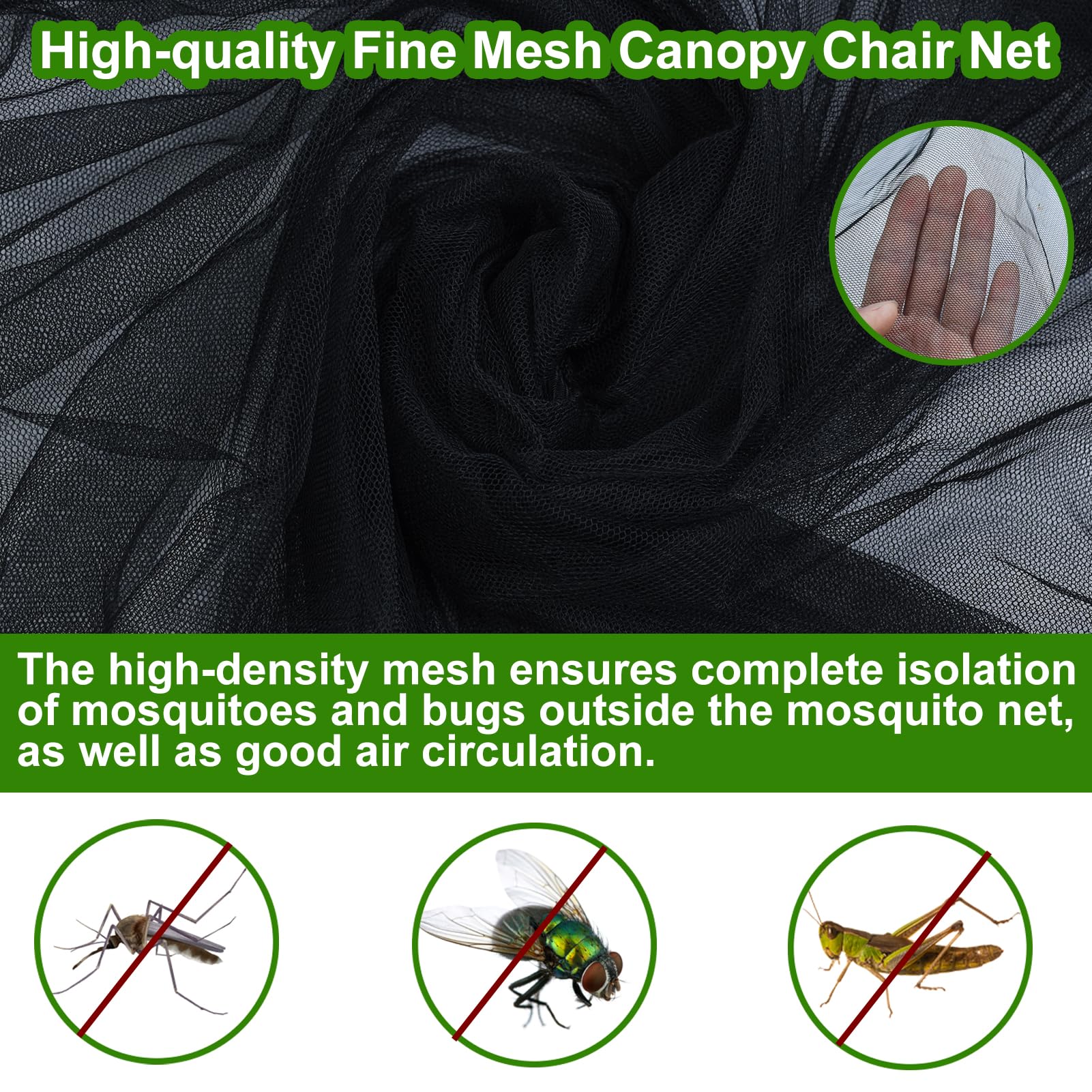 Cubierta de mosquitera de 63 pulgadas de alto para silla de toldo, barrera de insectos, tienda de campaña de malla para mosquitos, silla negra, mosquitera con apertura de cremallera, techo impermeable 3