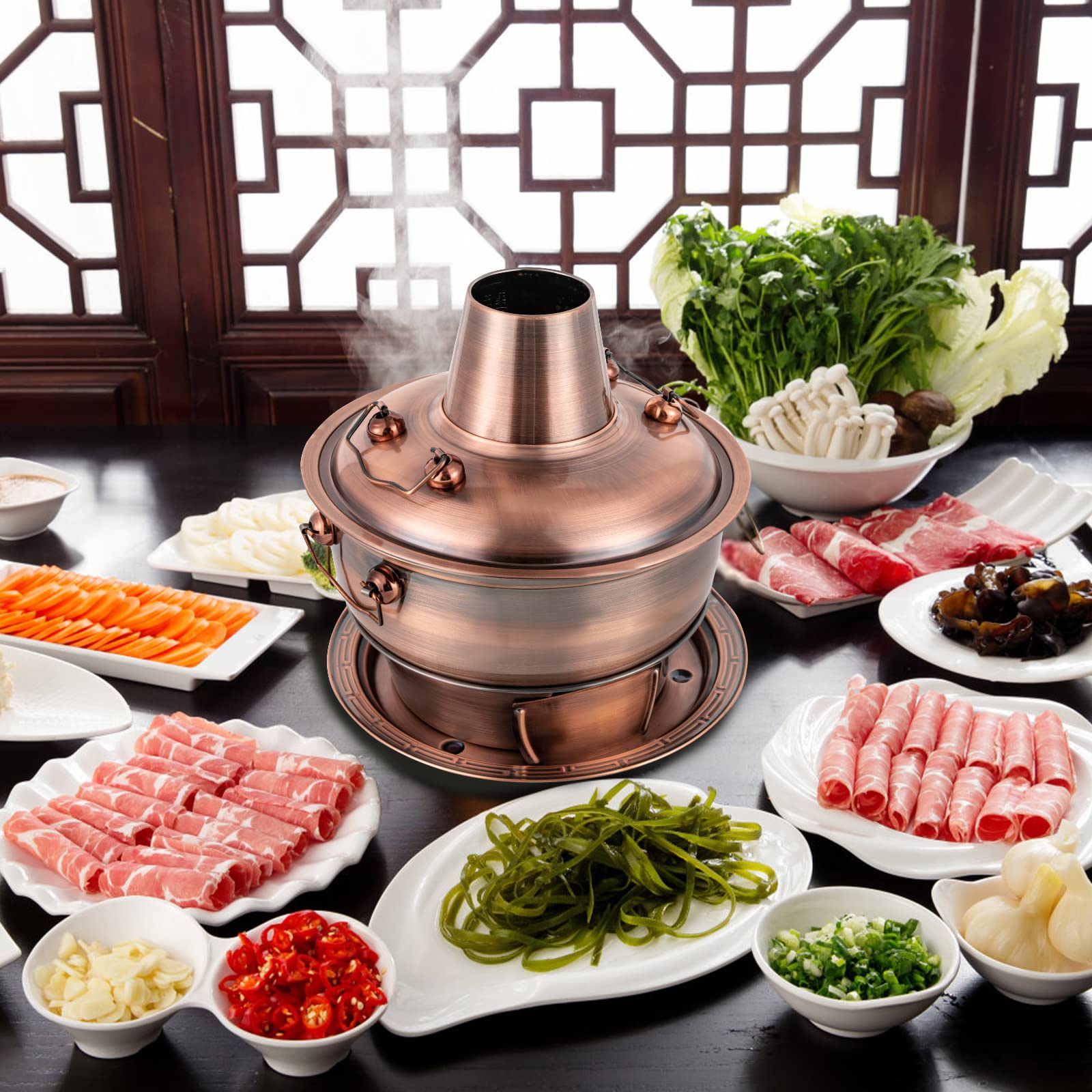 Olla caliente de acero inoxidable Olla caliente de carbón chino de 2 litros, Fondue de carnes Cocina de picnic al aire libre Olla caliente de cobre chino Olla caliente de carbón de Beijing for cenas f