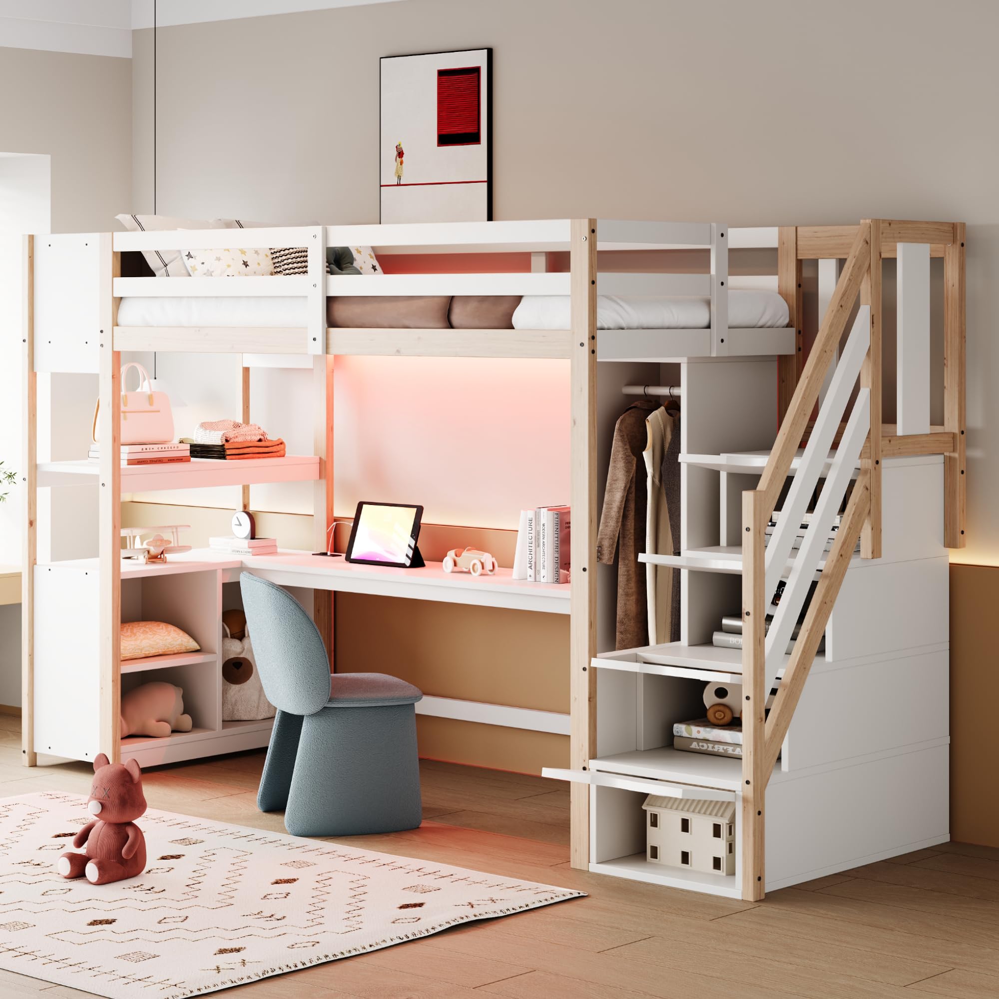 Moimhear Cama alta de madera, armario individual, escritorio grande, armario de almacenamiento, compartimento de almacenamiento, escaleras, barras de luz LED (blanco+natural)