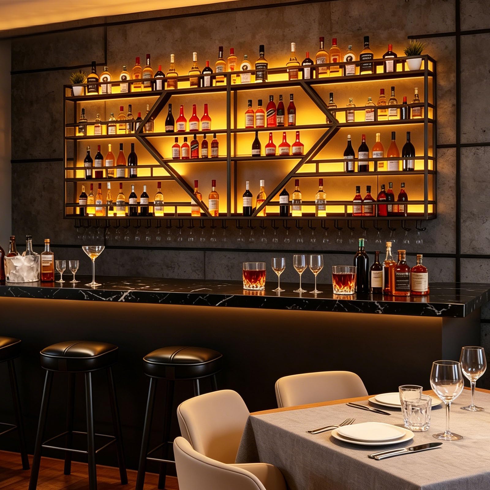 Weinregal zur Wandmontage mit Wein Glashalter, 3 Lagiger Großes Industriell Schwebende Wandmontage Weinflaschenhalter, Bar Multifunktionaler Weinpareite Display Rack (Schwarz, 4 Tier,200cm)