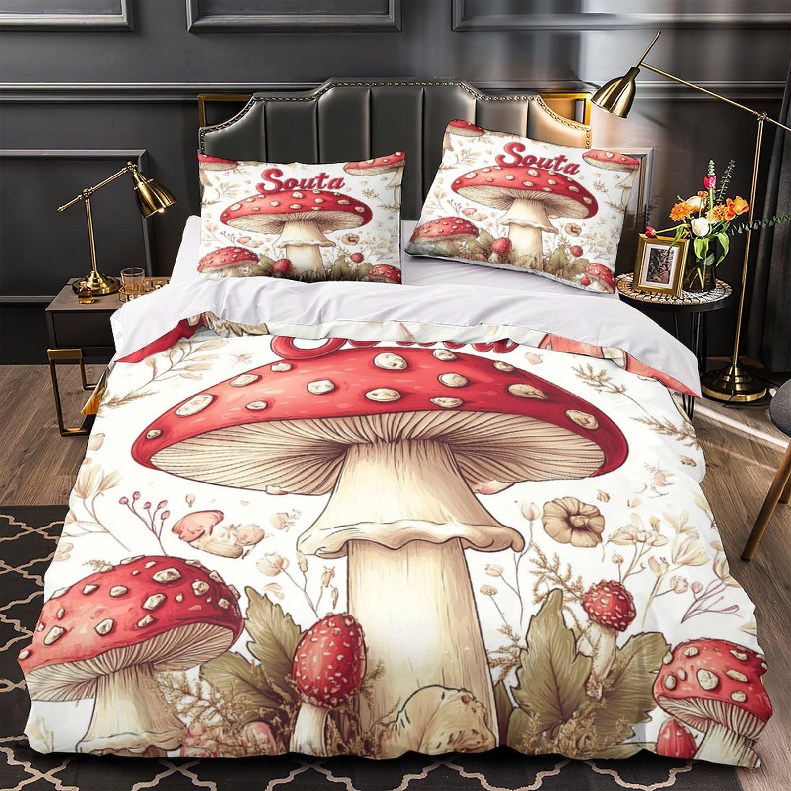 Housse de couette champignon 3D 260x220 parure de lit microfibre drap de couette vintage 3 pièces