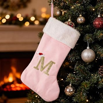 22 Inches Christmas Stocking with Initials Monogram Christmas Stocking Velvet with White Soft Plush Cuff Embroidered for Xmas Tree Fireplace Decorations Holiday (M Letter,Pink)
