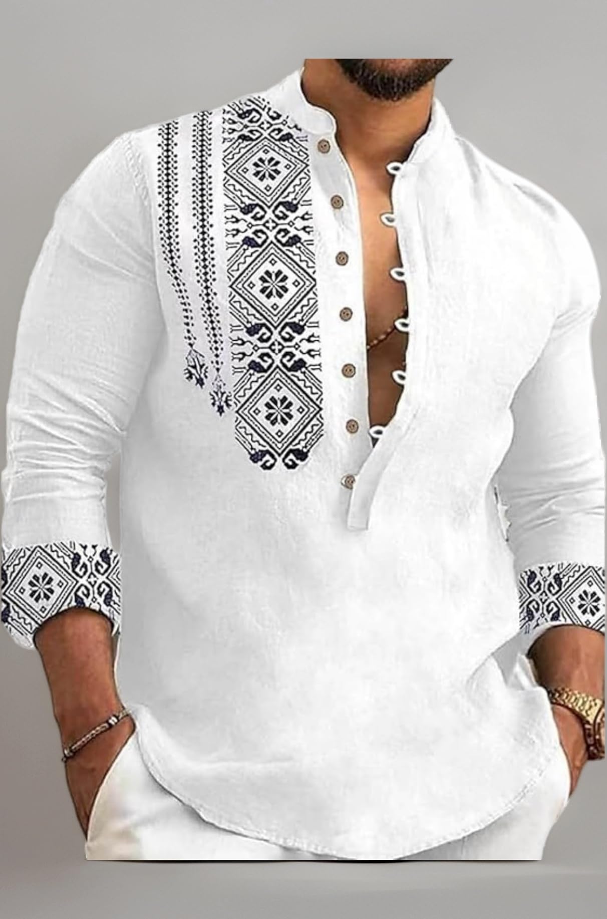 Men's Cotton Blend Mandarin Collar Self One Design Full Sleeve Casual Short Kurta