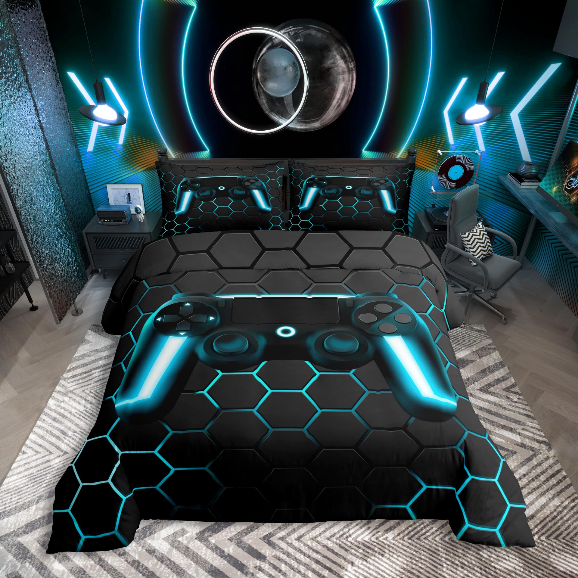 Gamer Bettwäsche Sets für Jungen,Gaming Bettbezug Set 200x200,Kinder Videospiele Trösterbezug,Geometrisches Wabenbett Set für Teen Jungen Schlafzimmer,Gamepad Controller,3 Stücke mit 2 Kissenbezüge