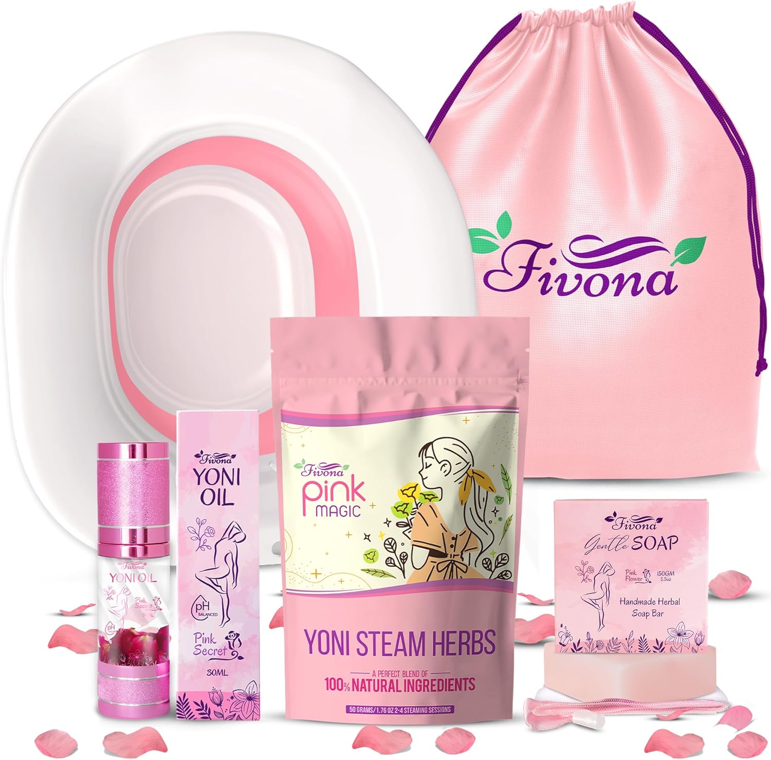 Fivona Yoni Care Kit 5-in-1 V-Steaming Set Includes Sitz Bath Seat, Pink Magic Herbs, Feminine Oil, Herbal Soap, Storage Bag, All Natural Herbal Vaginal Care Set