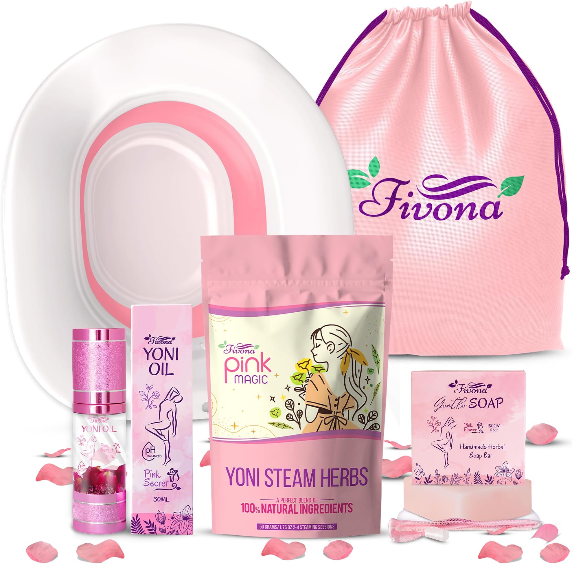Fivona Yoni Care Kit 5-in-1 V-Steaming Set Includes Sitz Bath Seat, Pink Magic Herbs, Feminine Oil, Herbal Soap, Storage Bag, All Natural Herbal l Care Set