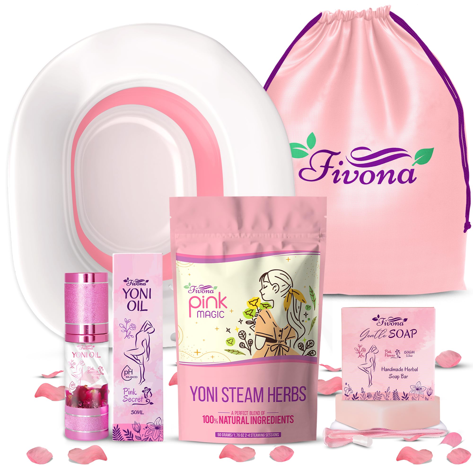 Fivona Yoni Care Kit 5-in-1 V-Steaming Set Includes Sitz Bath Seat, Pink Magic Herbs, Feminine Oil, Herbal Soap, Storage Bag, All Natural Herbal l Care Set