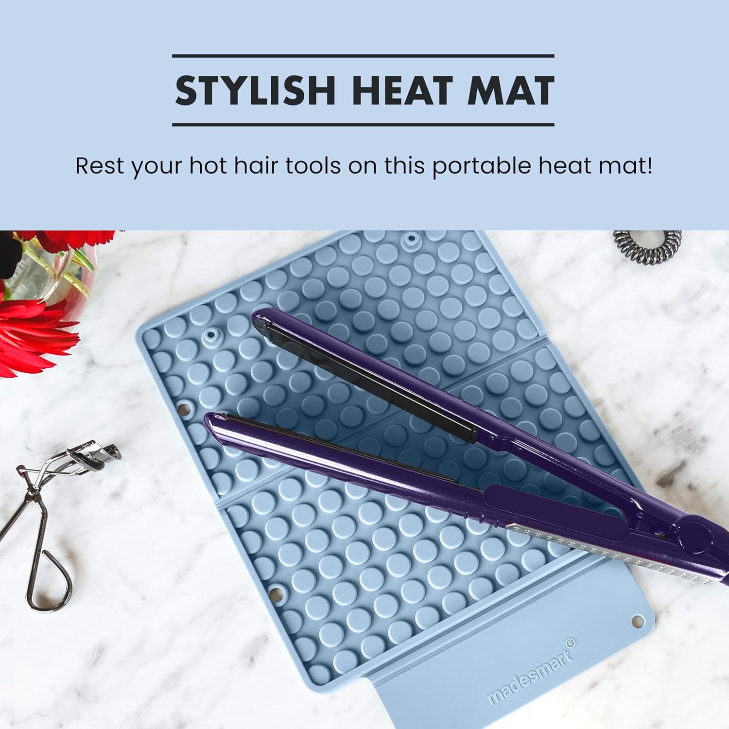 madesmart Portable Silicone Heat Mat, Heat-Resistant Silicone Pad for Straighteners & Curling Irons, Protects Vanity & Countertops, Wrap-Around Travel Design, Blue