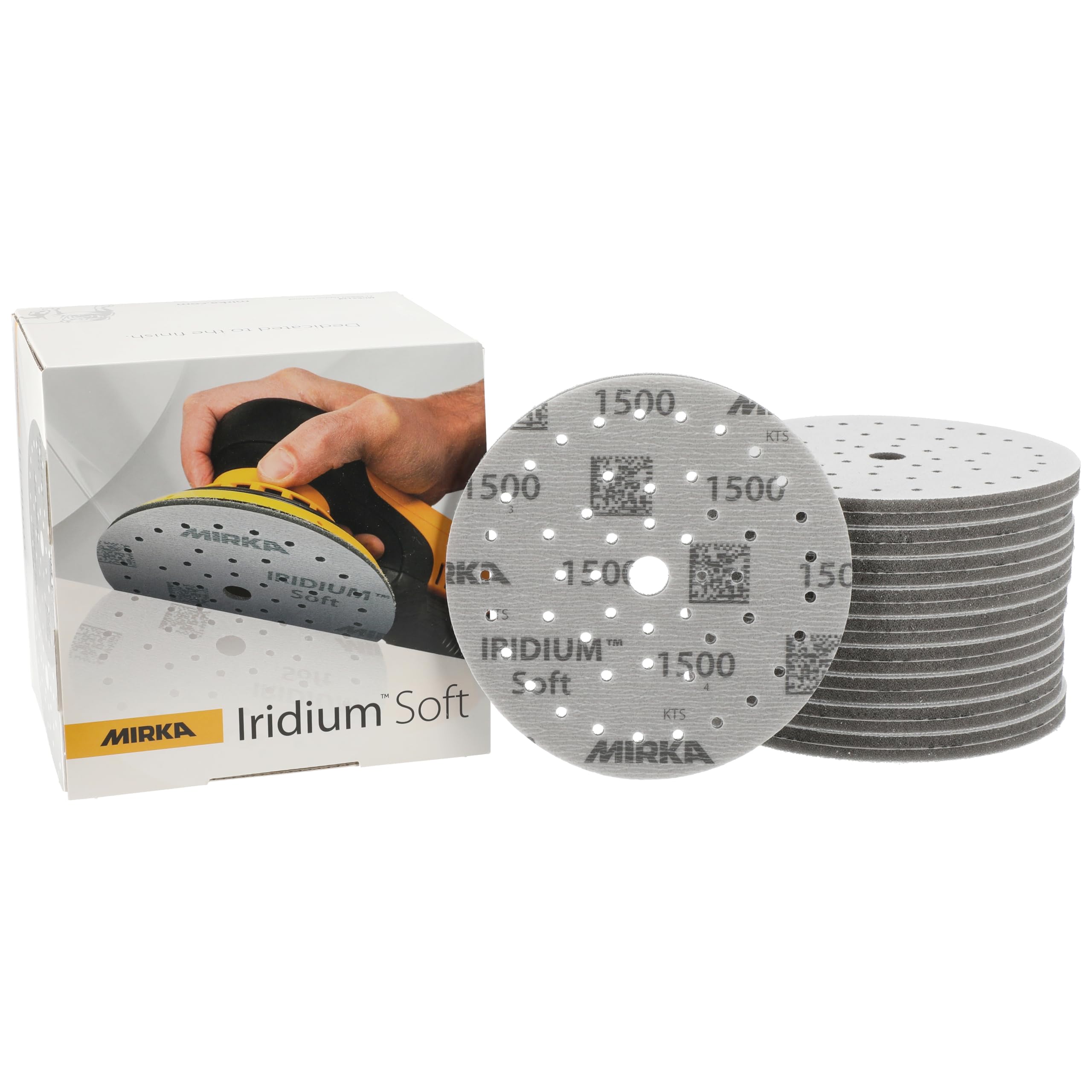 Mirka Iridium Soft discos lijadores Ø 150 mm/grano P1500 / cierre adhesivo Multifit / 20 piezas/abrasivo con base de espuma para lijado preciso en seco, lijado de laca transparente, acabado