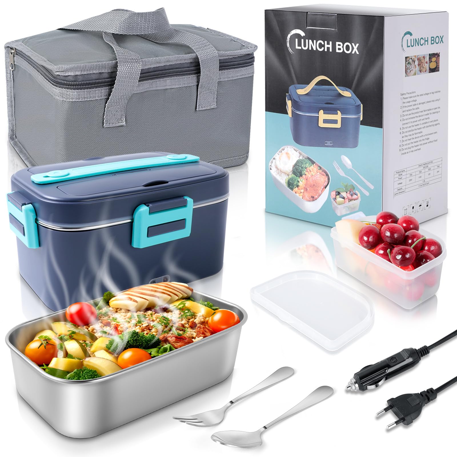 Romon Scaldavivande Elettrico Portatile, 1.8L Porta Pranzo Termico 3 in 1(12V/24V/220V) per Auto Camion e Ufficio Lunch Box Riscaldatore 75W Scalda Vivande Portatile con Forchetta e Cucchiaio