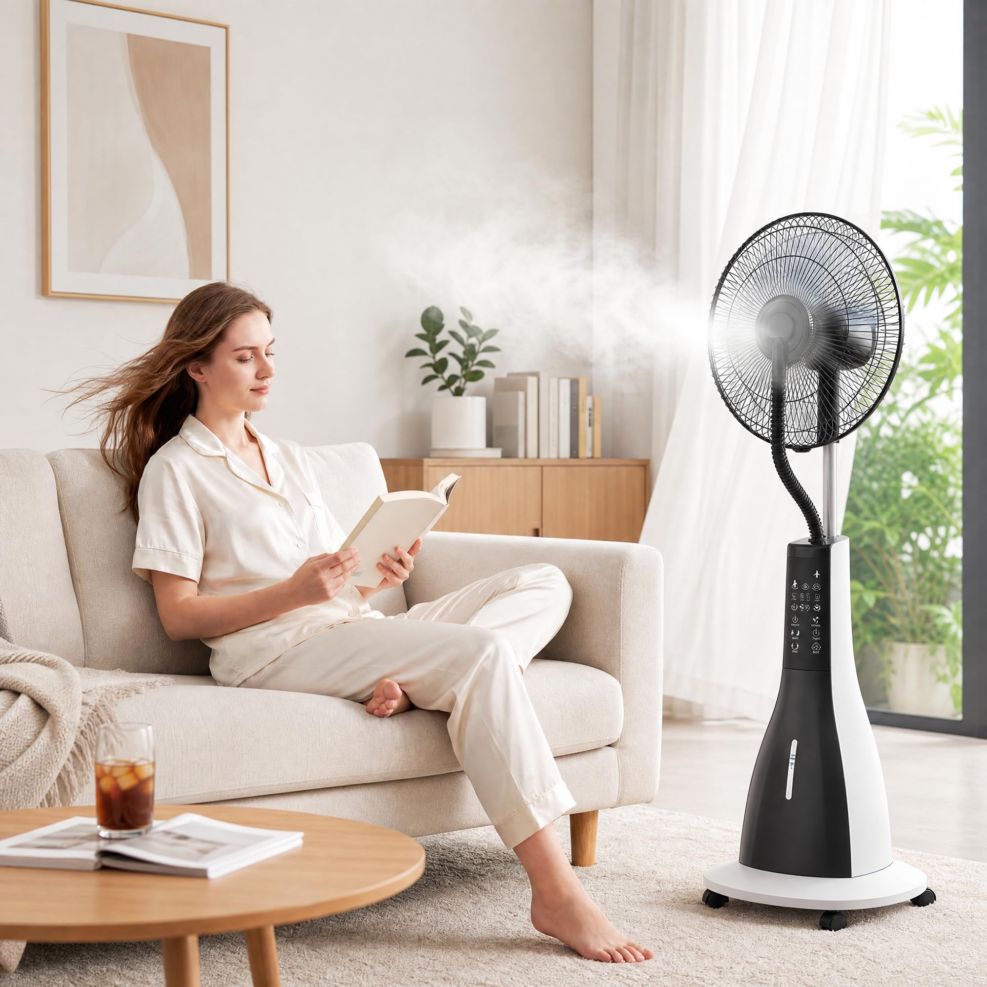 HOMCOM Ventilatore Nebulizzatore con Serbatoio da 3L, 3 Velocità e 3 Modalità, Ventilatore a Piantana con Ruote, Timer 7.5h, Oscillazione 75°, Inclinazione 15°, Display LED, Telecomando, 90W, Ø50cm