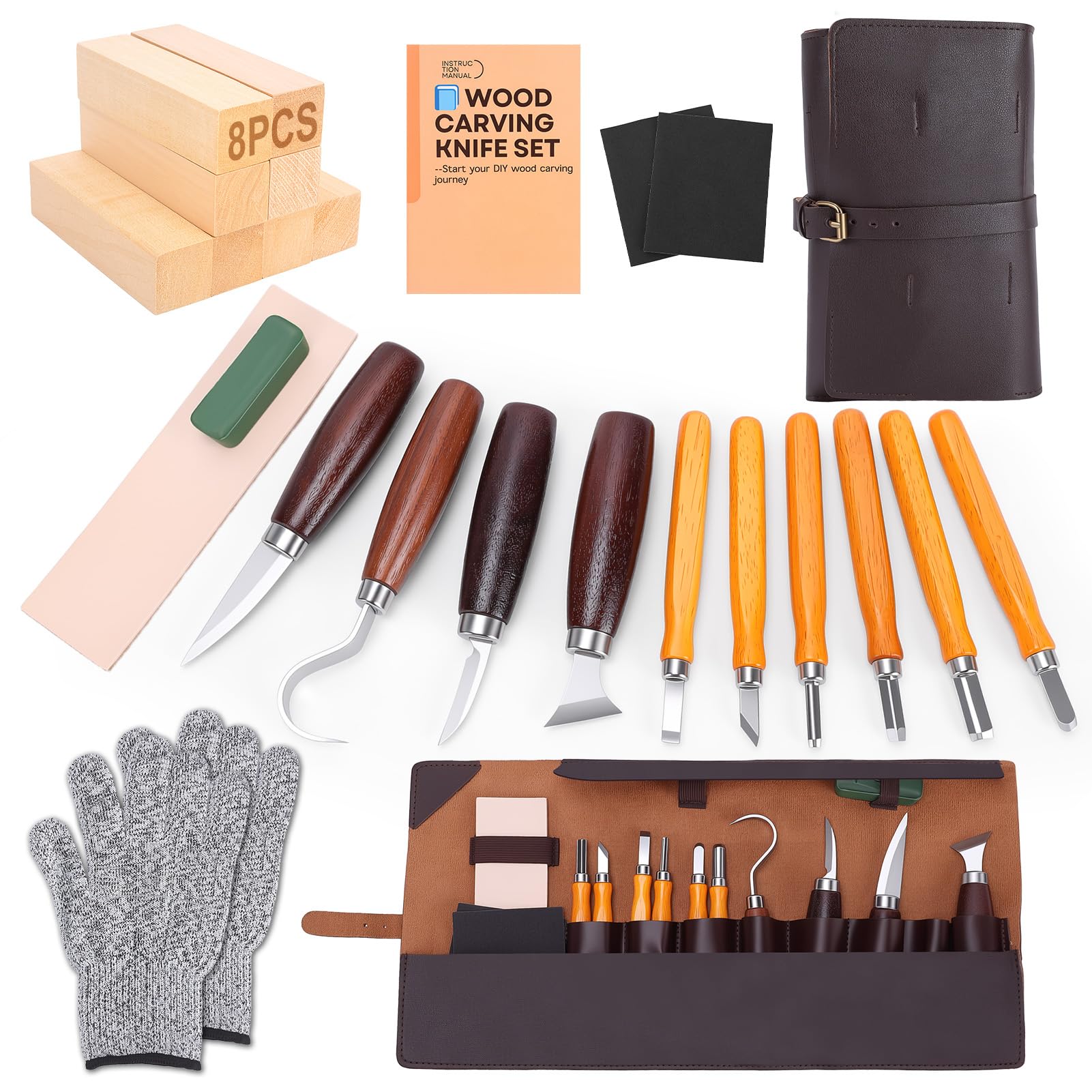 Schnitzwerkzeug Holz Schnitzset, 25-teiliges Schnitzmesser Set mit Lindenholz zum Schnitzen, Schnittschutzhandschuhe, Ein Ideales Schnitzset für Anfänger und Erwachsene