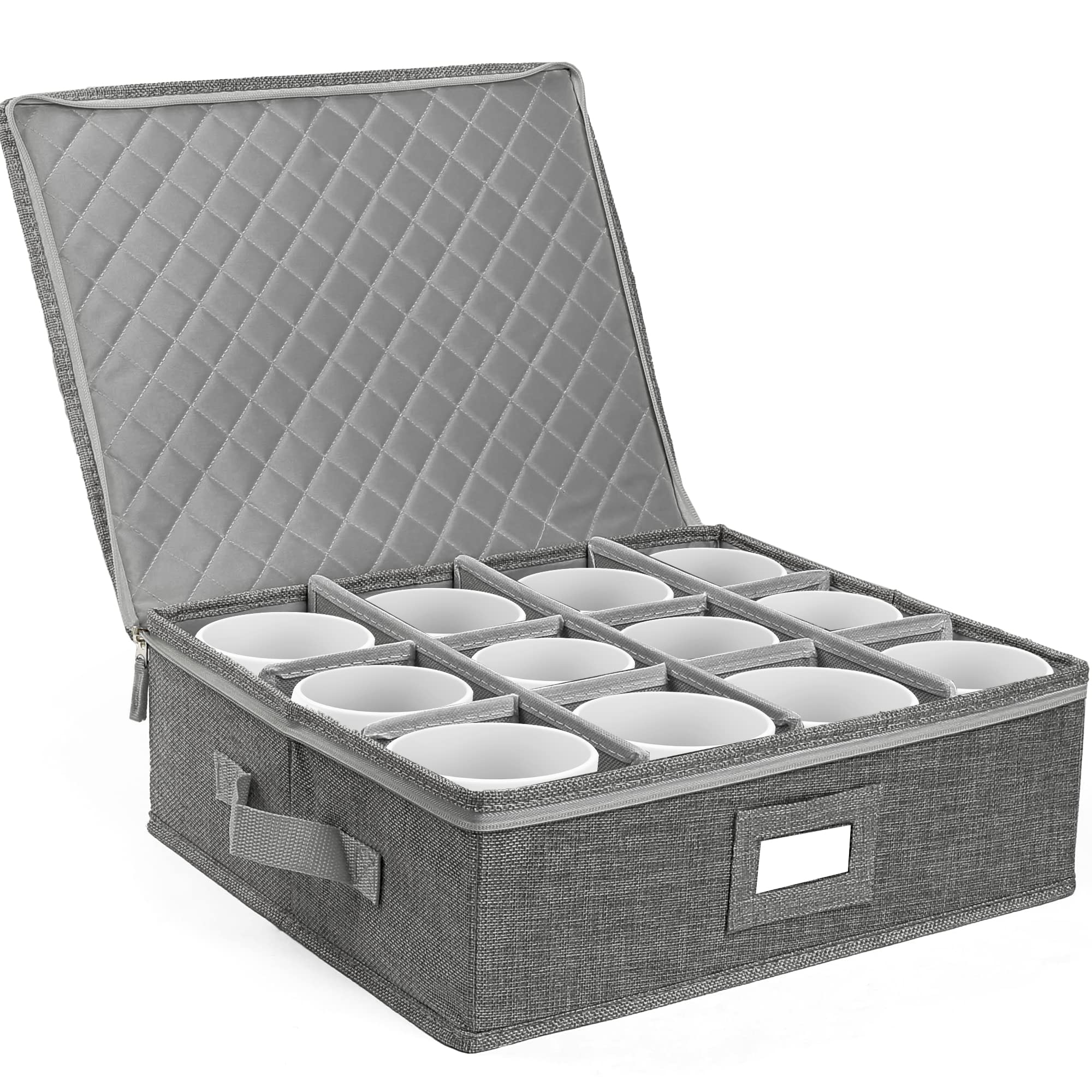 LotFancy Cup and Mug Storage Container, Hard Shell, China Coffee Mug Storage Box with Dividers & Handles, Holds 12 Tea Cups, Grey