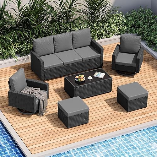 6-Piece Outdoor Patio Furniture Set with Swivel Chairs & Ottomans, All-Weather Wicker Rattan Sofa with Cushions and Coffee Table, Conversation Set for Backyard, Deck, Garden –Brown/Gray