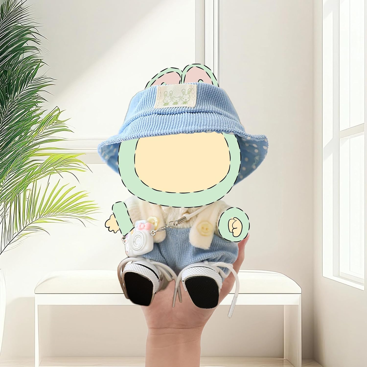 Doll Clothes Set for LABUBU, Clothes for Labubu, 17cm/15cm Dolls Outfit Set, Crochet 4 Piece Set Hat Clothes Cell Phone Backpack for LABUBU, Stylish Adorable Dolls Clothes Accessories (No Doll)(Blue)