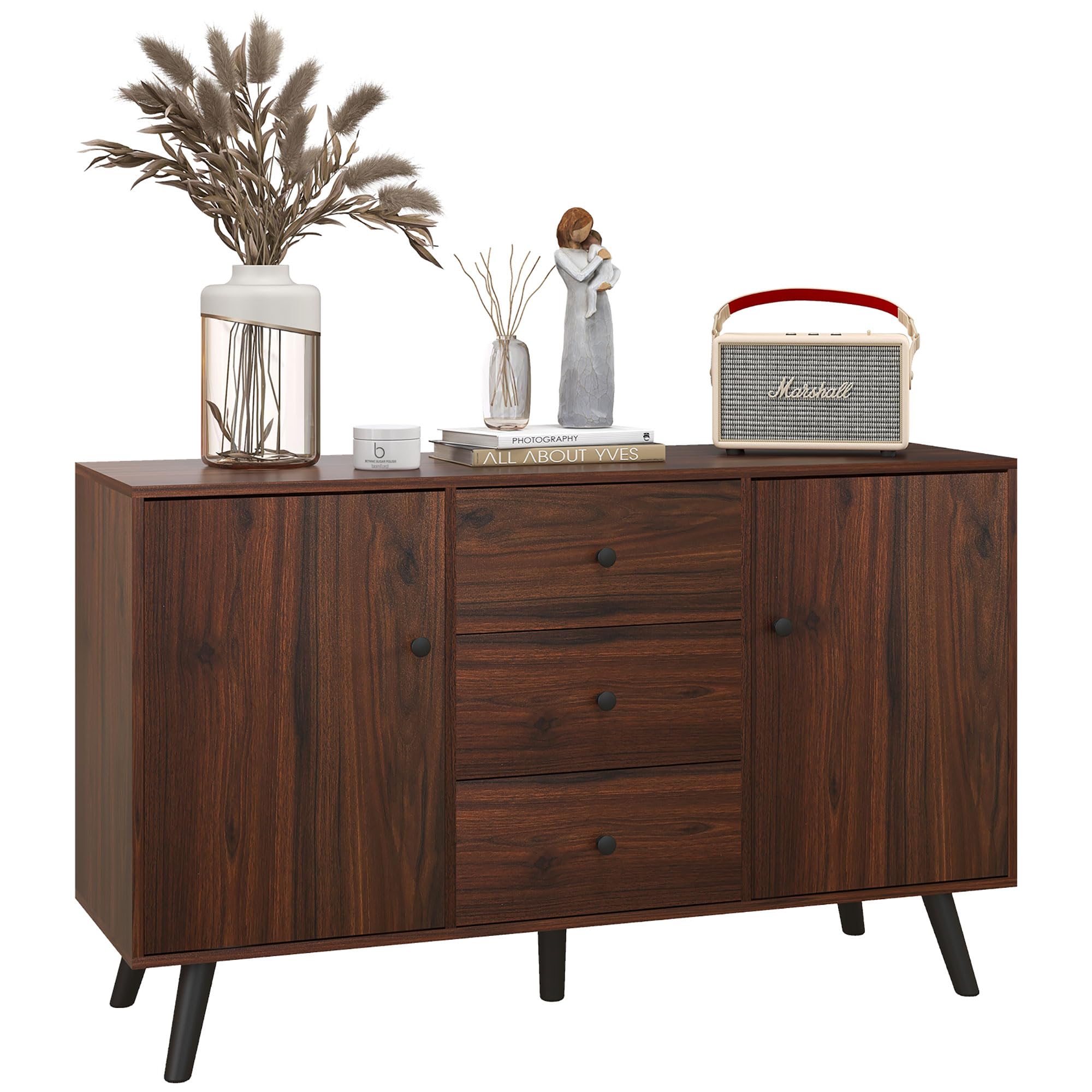 HOMCOM Credenza Moderna con 2 Armadietti e 3 Cassetti, Marrone e Nero | per Soggiorno, Sala da Pranzo e Ingresso in Legno e Truciolato, Mobile Contenitore, 127x40x76 cm