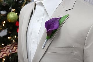 Angel Isabella Boutonniere-Real Touch Purple Hand-Made Keepsake Boutonniere Pearl Headed Pin Included (Silver Grey Ribbon Wrapped)