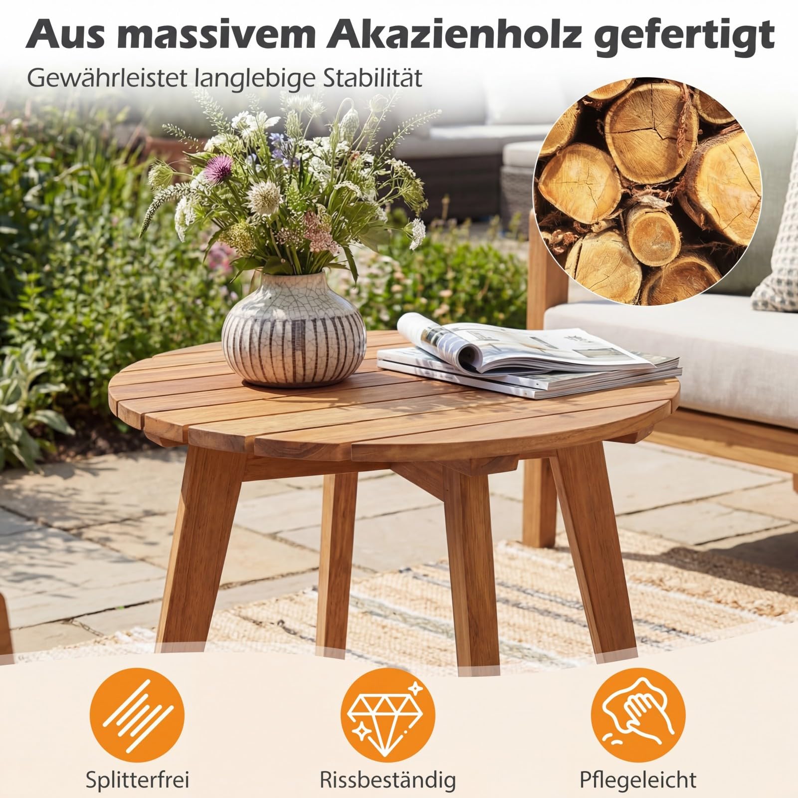COSTWAY Beistelltisch Holz wetterfest, runder Gartentisch, Holztisch aus Akazienholz, Kleiner Balkontisch, Kaffeetisch für Garten, Balkon, Terrasse, 43 x 43 x 35 cm