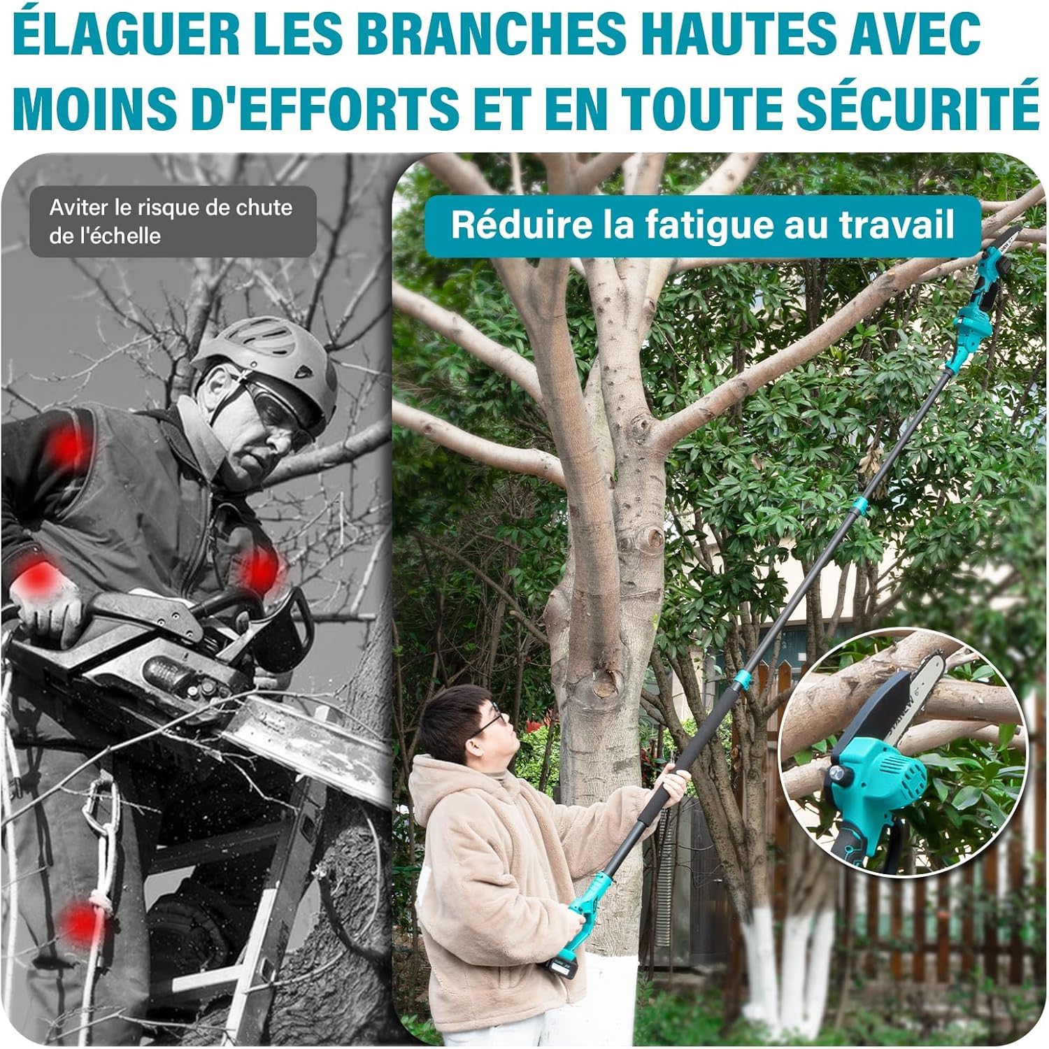 STANEW 2-en-1 Élagueuse sur perche, mini tronçonneuse à batterie sans balais 6 pouces, tronçonneuse avec 2 batteries 4000mAh, 600W, hauteur de travail max 4,55 m, écran LCD
