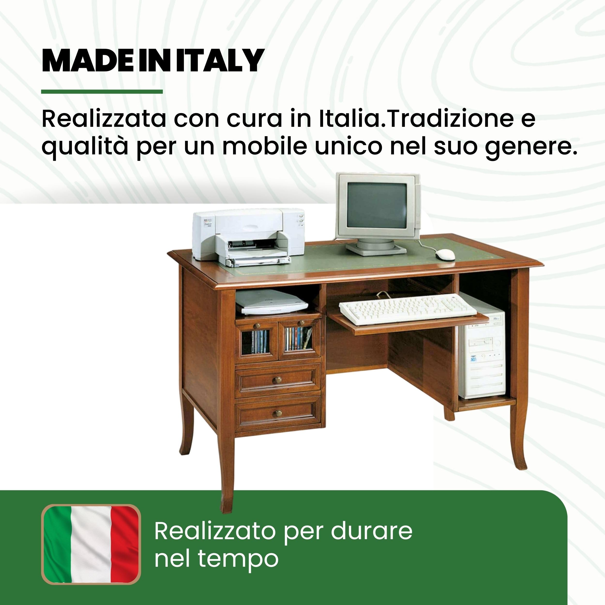 Mar.c.a. Design - Scrivania Arte Povera con Ripiano, Porta Tastiera e 4 Cassetti - Scrittoio in Legno 130x74x78 cm Made in Italy