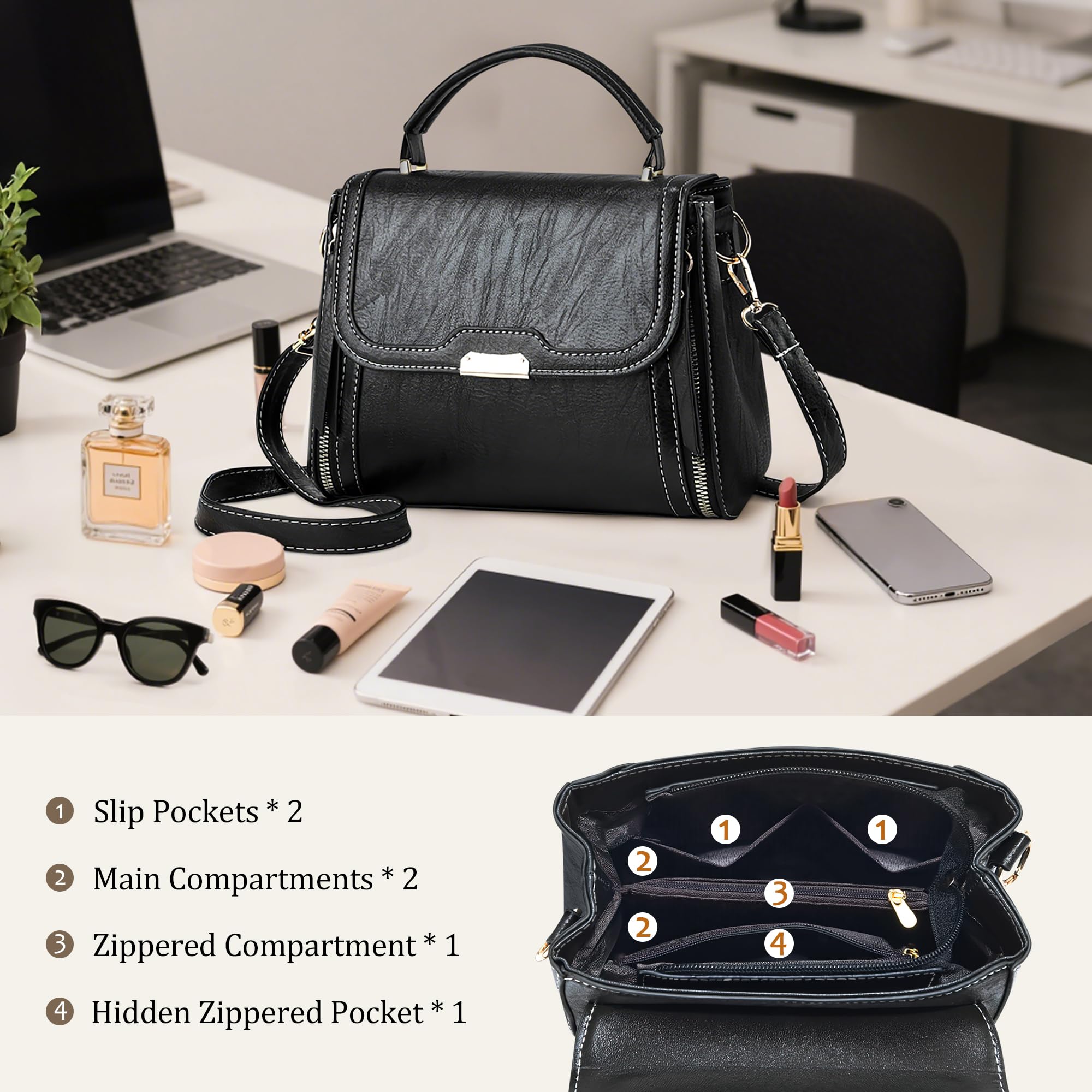Damska torebka retro z górnym uchwytem torba na ramię ze skóry PU elegancka torba na ramię do dojazdów do pracy podróży zakupów Czarny