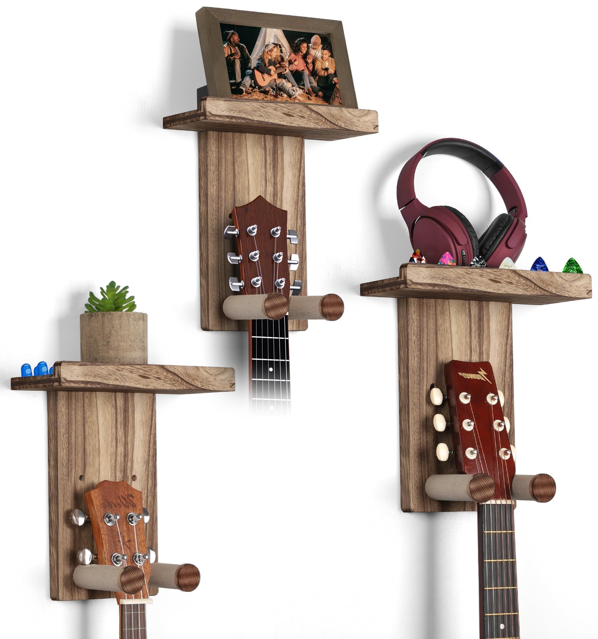 Soporte de Pared para Guitarra Juego de 3 (Marrón) | Colgador para Guitarra Acústica, Española, Bajo Eléctrico, Guitarra Eléctrica y Ukelele